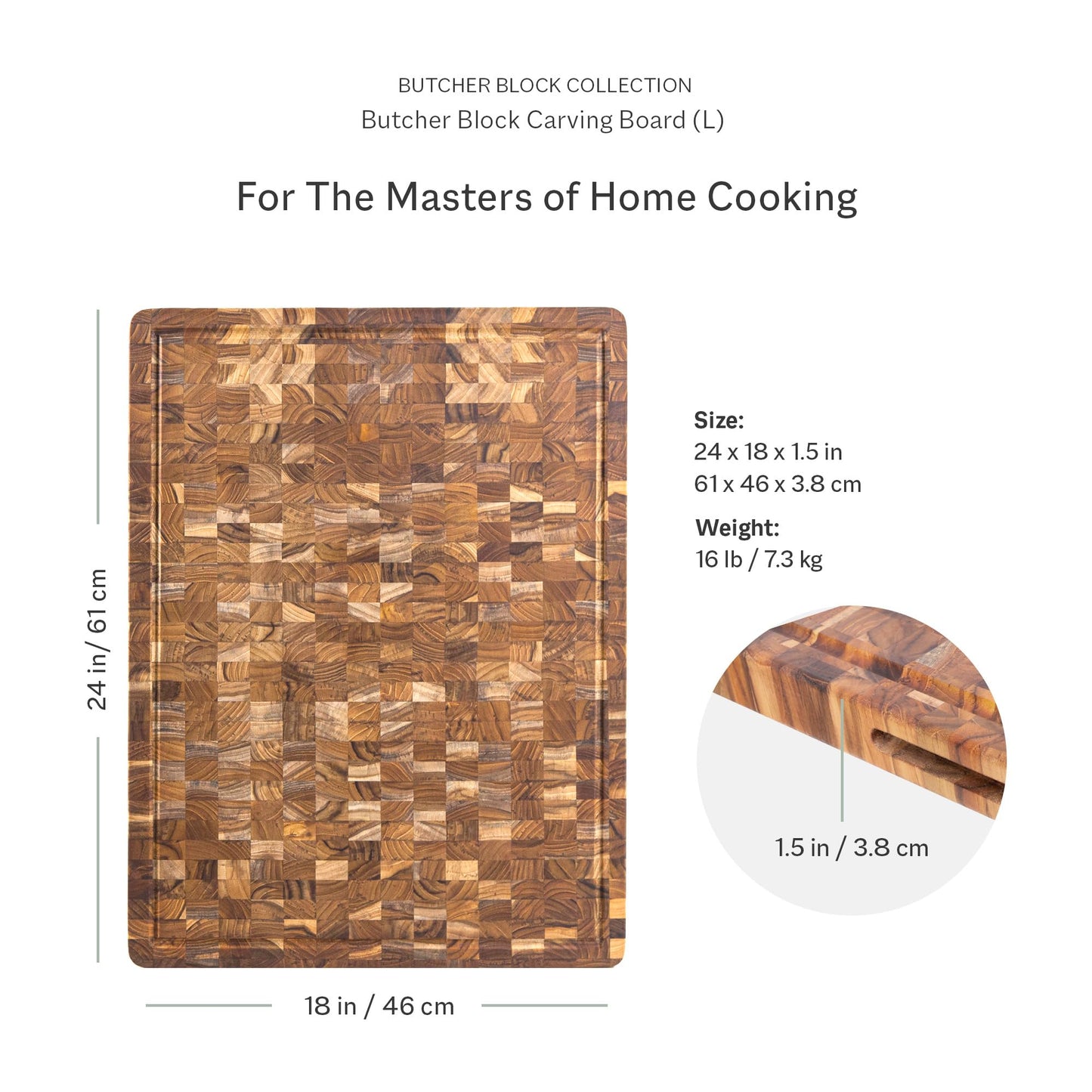 Teakhaus Butcher Block Carving Board - Extra Large Reversible Wooden Cutting Board with Juice Groove and Grip Handles - Teak End Grain Wood - Knife Friendly - FSC Certified