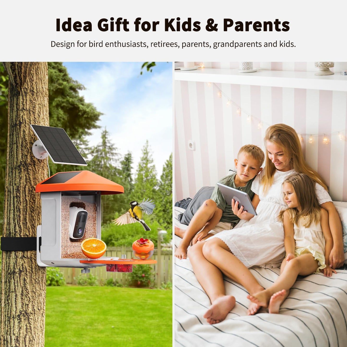 HARYMOR Bird Feeder with Camera with AI Identify Birds Species Solar Powered, Smart Bird House with Cam, 2K HD Video Live Stream, Instant Arrival Alerts - Orange