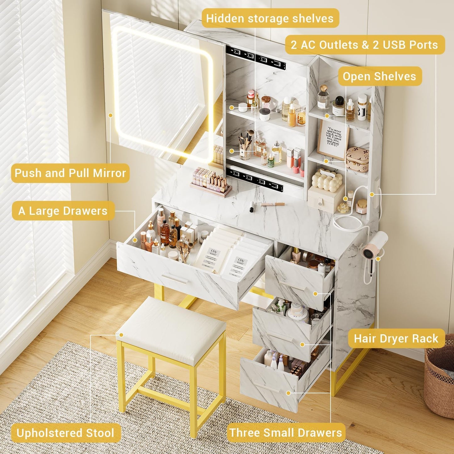 GAOMON 57'' Large Vanity Desk with Mirror & Lights, Makeup Vanity Table with Charging Station, 3 Lighting Modes, Elegant Vanity Set with 4 Drawers and Shelves, Cushioned Stool,Marble White