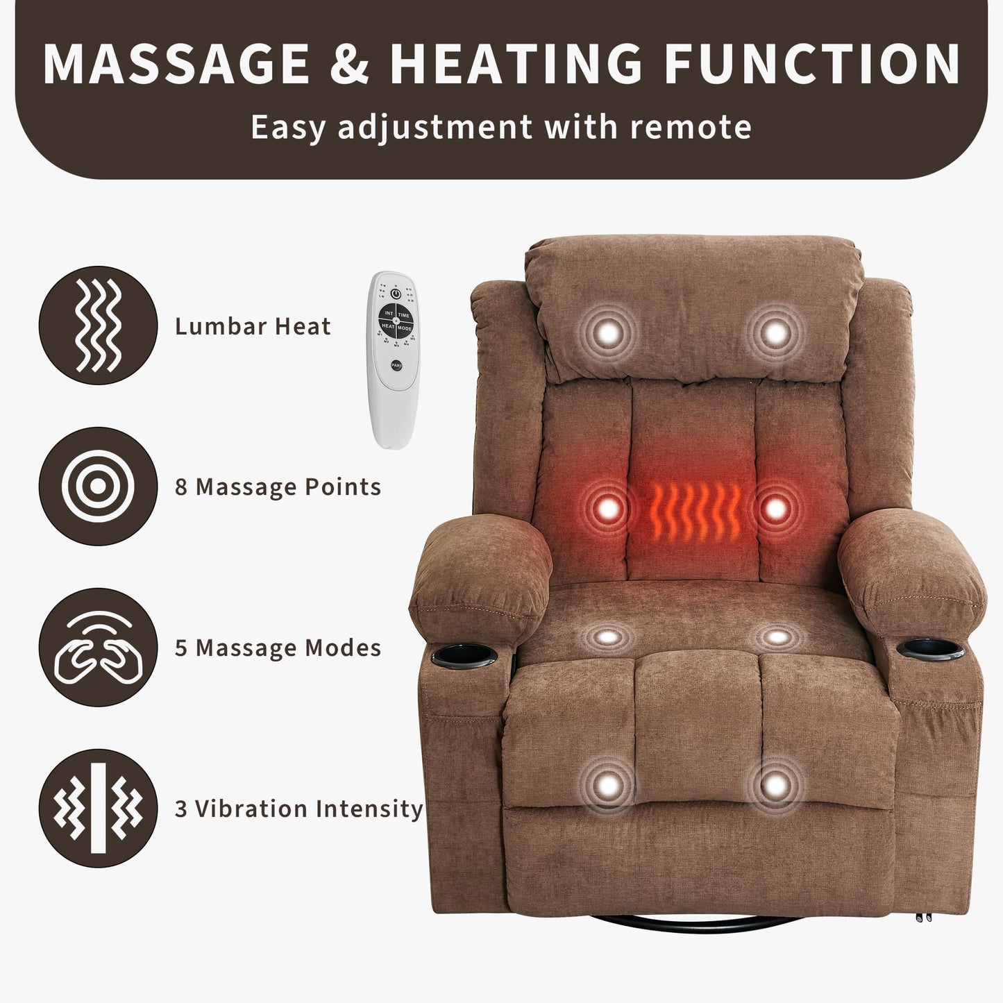 PeacefulHues 360° Swivel Rocker Recliner Chair with Heat and Massage, 3 Positions, USB Ports, Side Pockets, Cup Holders, for Living Room, Bedroom, Brown