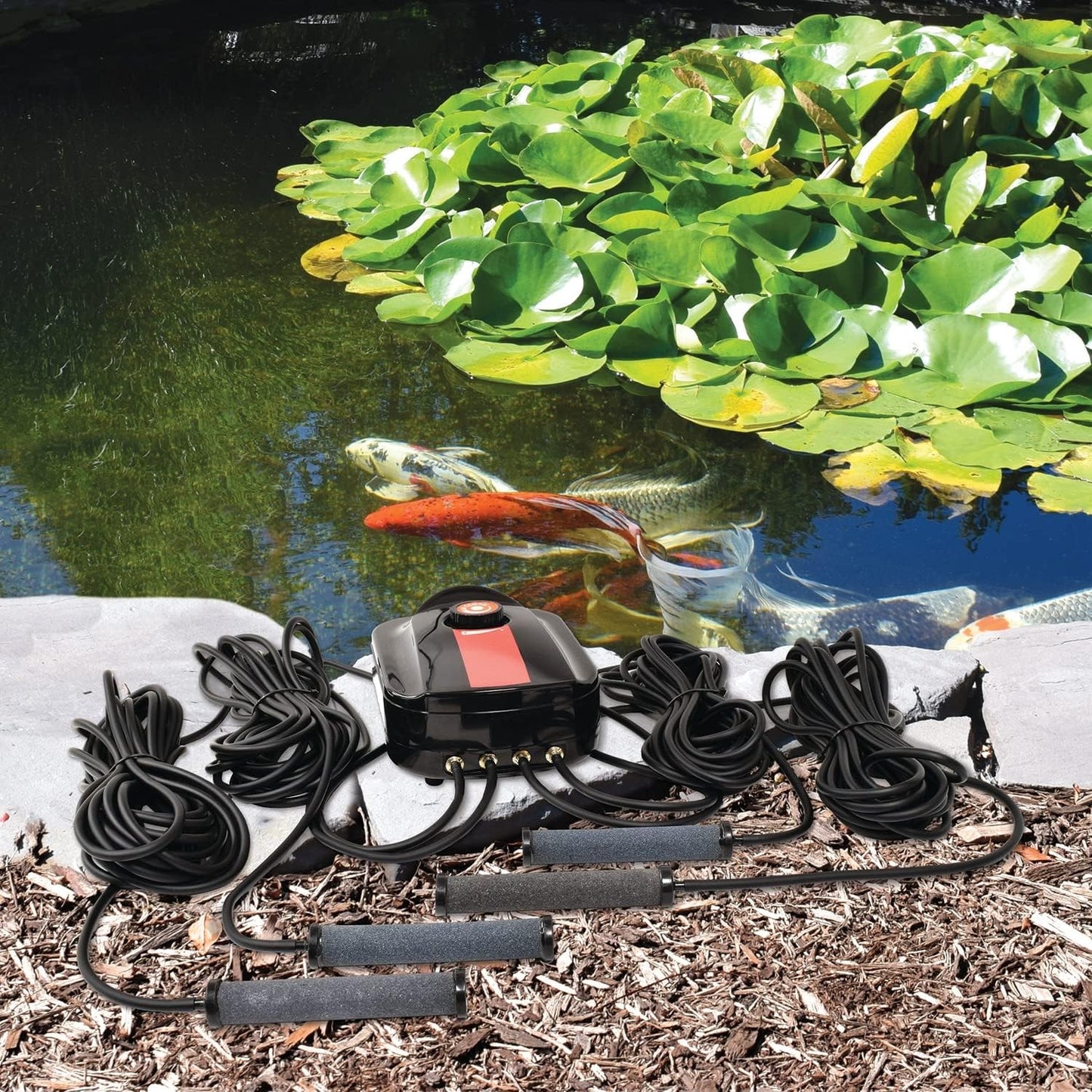 EasyPro CAS4 | Quad Outlet Compact Aeration Kit for Water Gardens & Koi Ponds up to 3500 Gallons & 4’ Deep | Single Stone Diffuser Head | Extremely Quiet Operation | Two Year Warranty(on compressor)