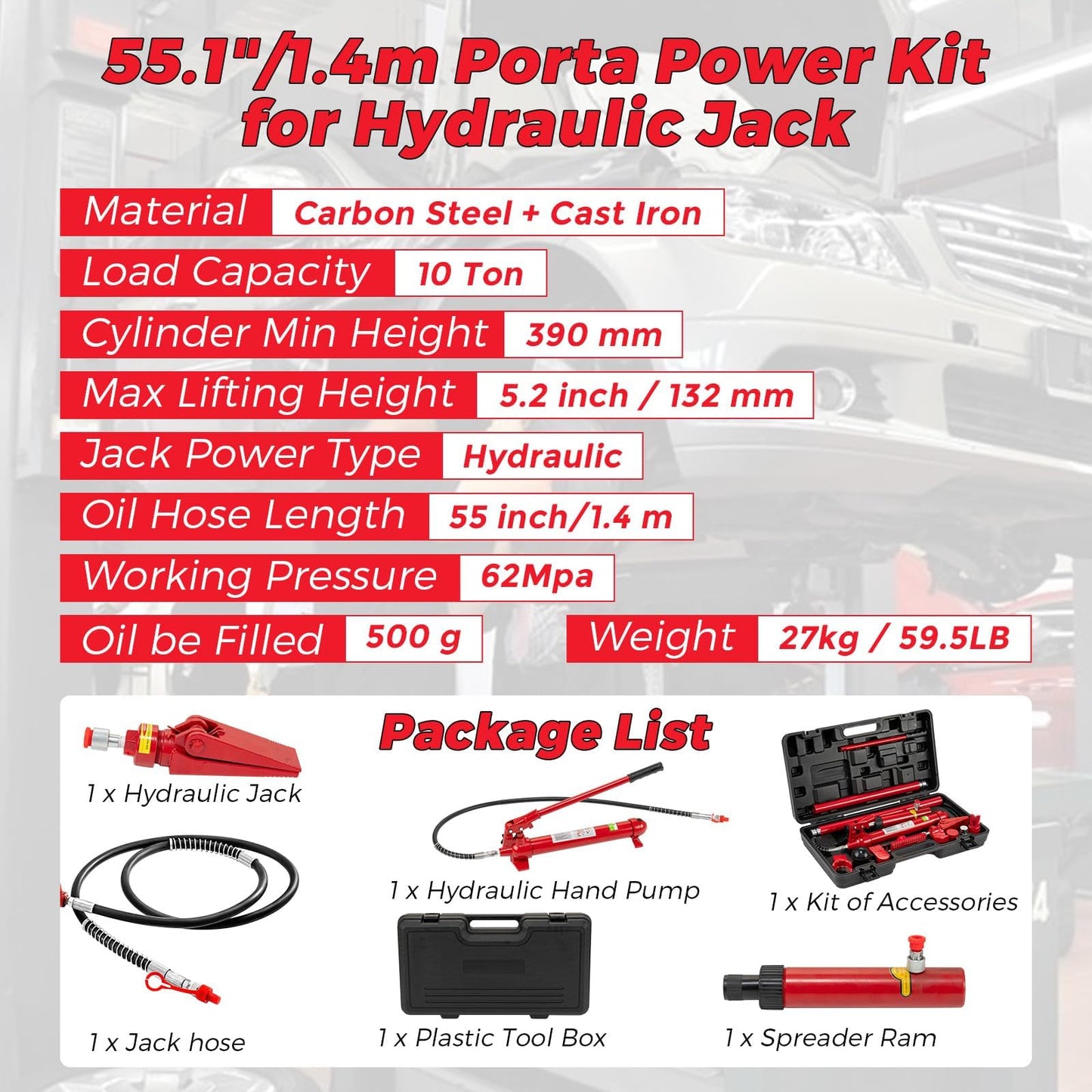 Garvee 12 Ton Hydraulic Porta Power Kit with 4.6ft Hose & Storage Case, 26,455LBS Capacity Auto Body Repair Tool for Car Truck Garage Frame Maintenance