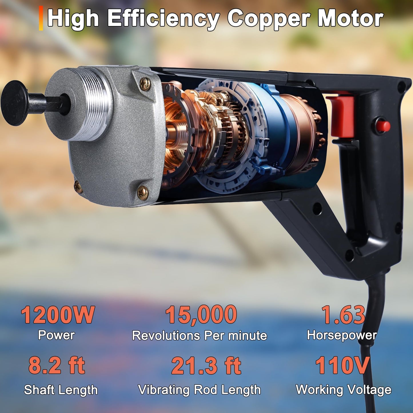 BIZOEPRO Hand Held Power Concrete Vibrator 1200W 15000RPM 2HP With 8.2 ft 2.5M Shaft Rod Electric Concrete Vibrabrater Portable Construction Pencil Vibrator