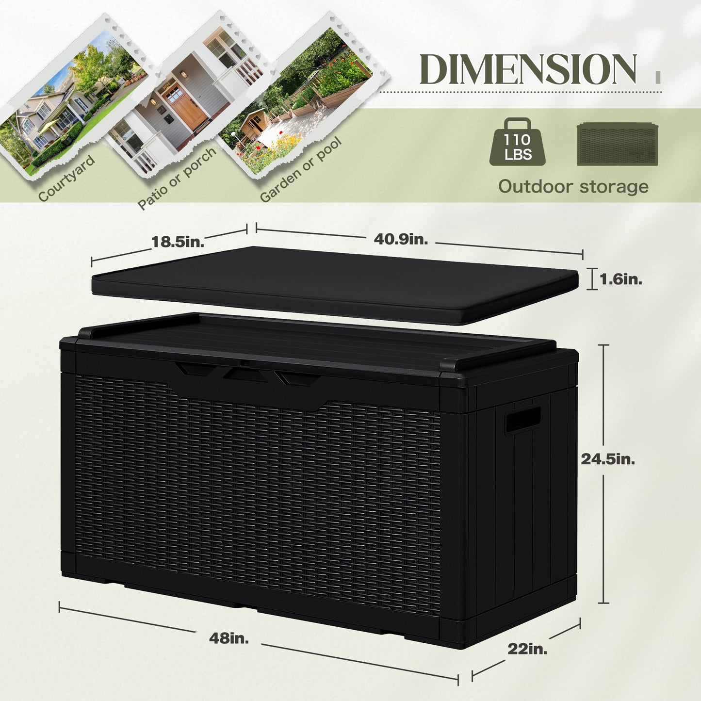 Greesum 100 Gallon Resin Deck Box Large Outdoor Storage Boxes with Cushions for Garden Tools, Patio Furniture Pillows, Pool Supplies, Black