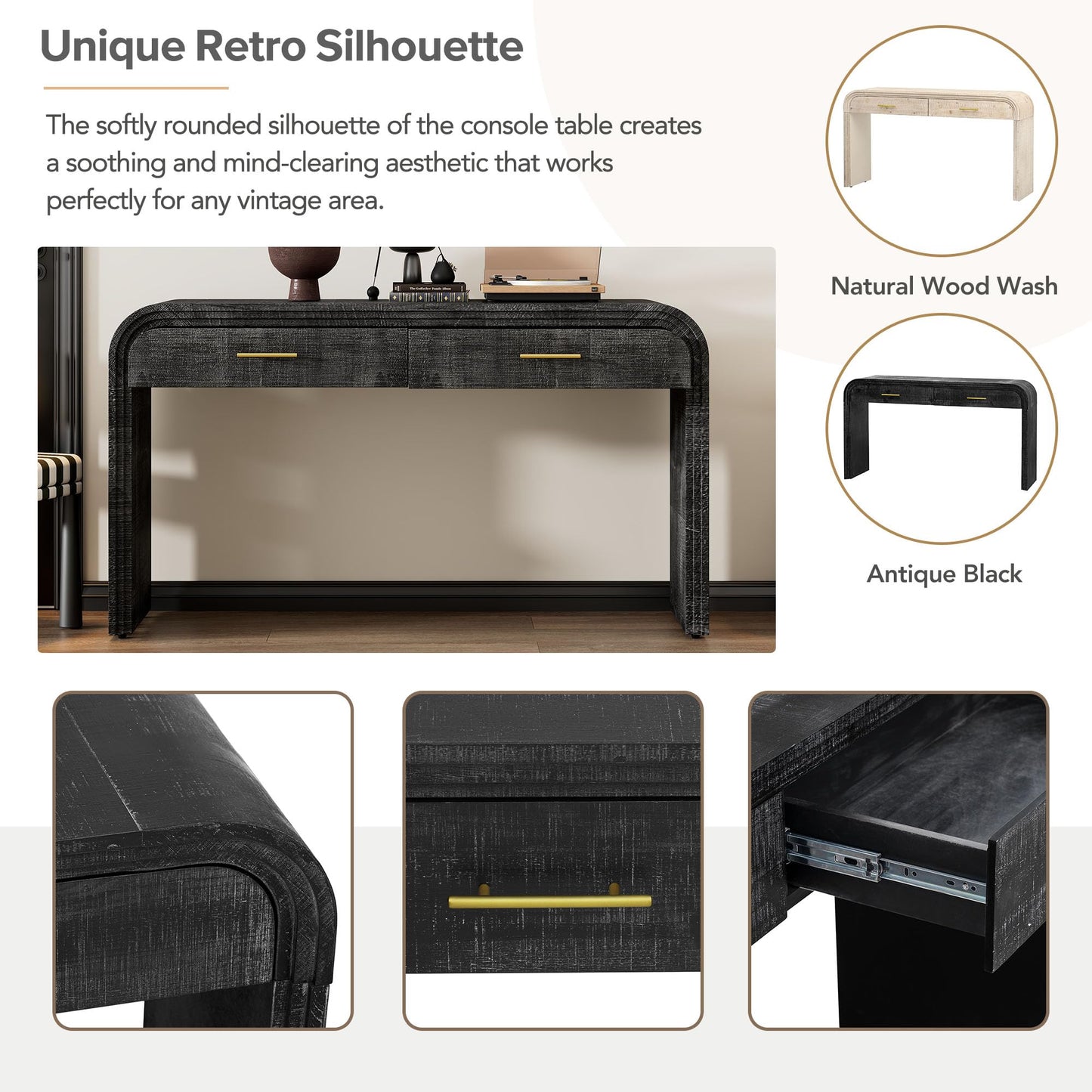 GDFStudio 59" Retro Console Table with Drawers, Narrow Entryway Cabinet Sofa Table with Fluted Details & Distressed Finish, Wood Sideboard Buffet Tables for Living Room Dining Room, Antique Black-1