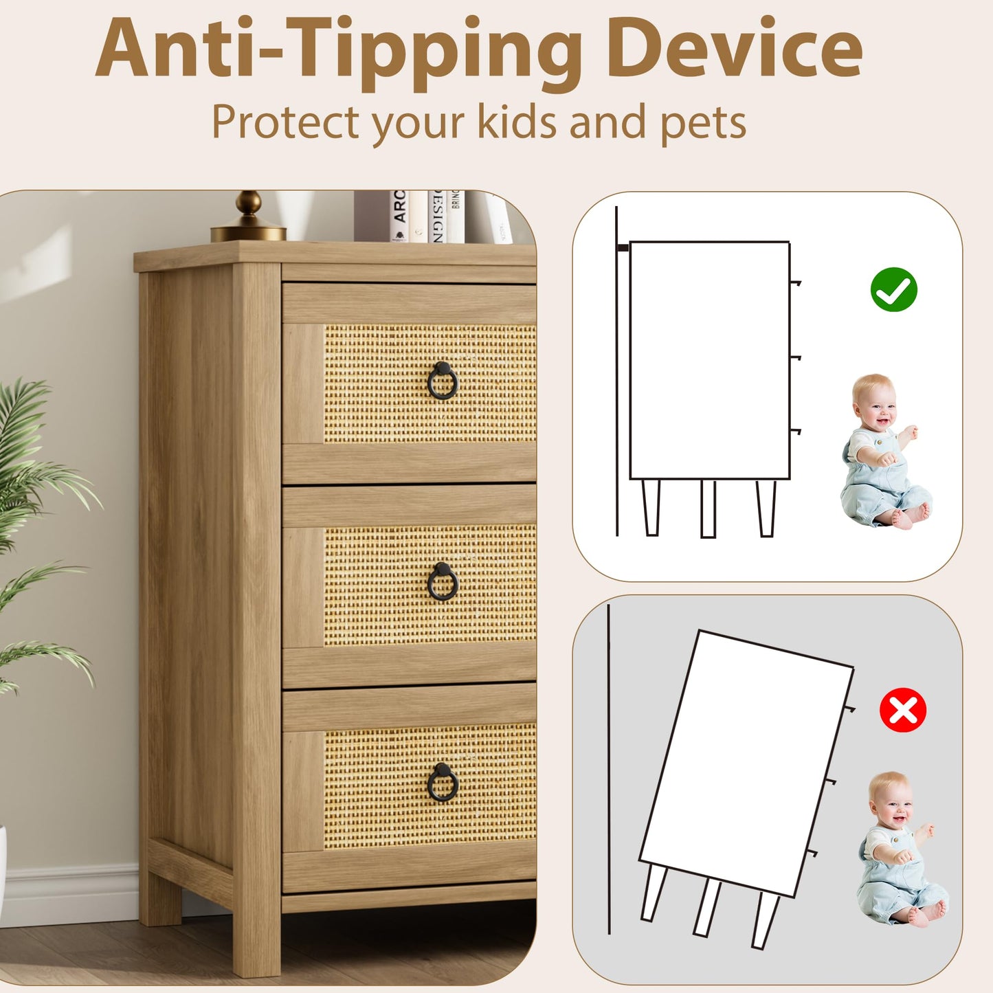 IDEALHOUSE Rattan Dresser for Bedroom with 5 Drawers, 45'' Tall Chest of Large Drawers with Large Clothes Storage Cabinet, Wood Bedroom Dresser, TV Stand for Nursery, Living Room, Enterway