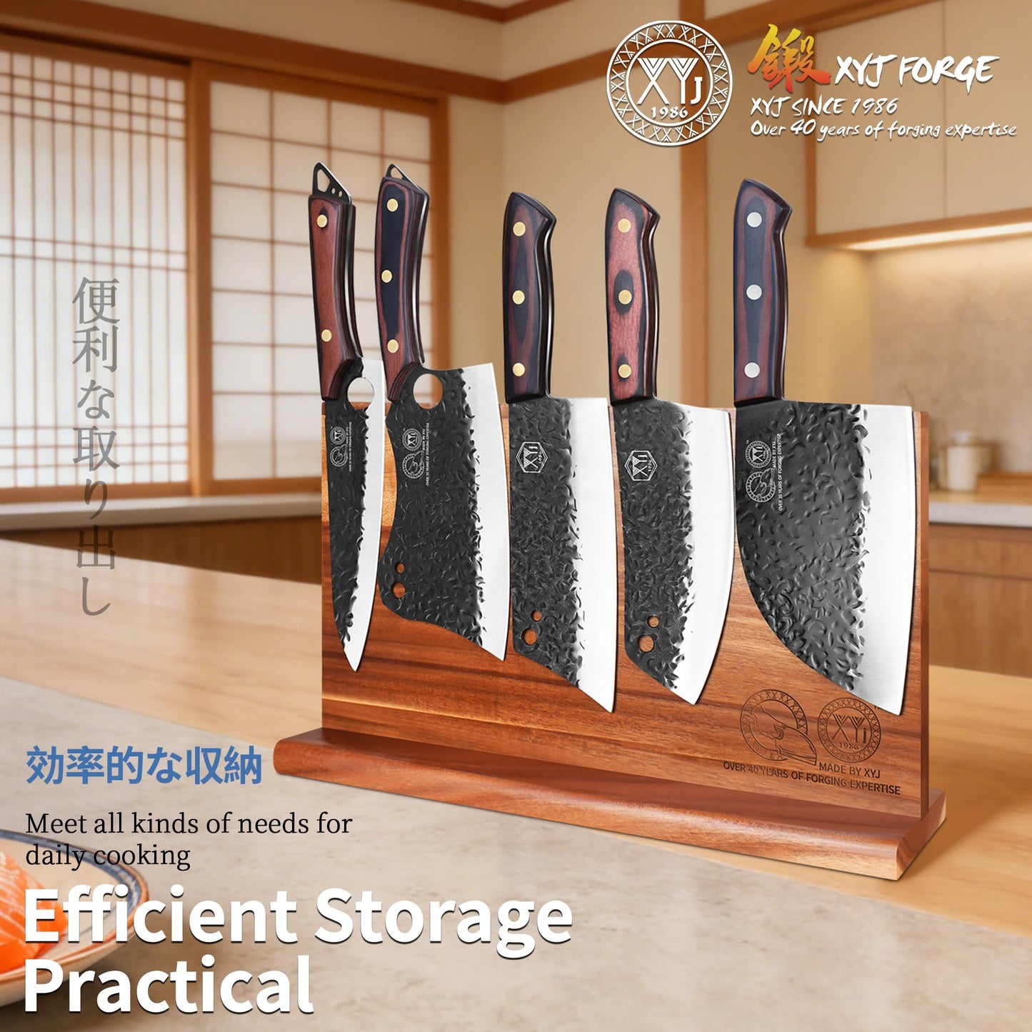 XYJ Authentic Since 1986,Knife Set with Block,Sharpening Stick,Cutting Board,Gloves,Shear,Washing Cloth,Peeler,High Carbon Steel Blades,Kitchen Knife Block Set,Bread Slicing Cutting Butcher Knives