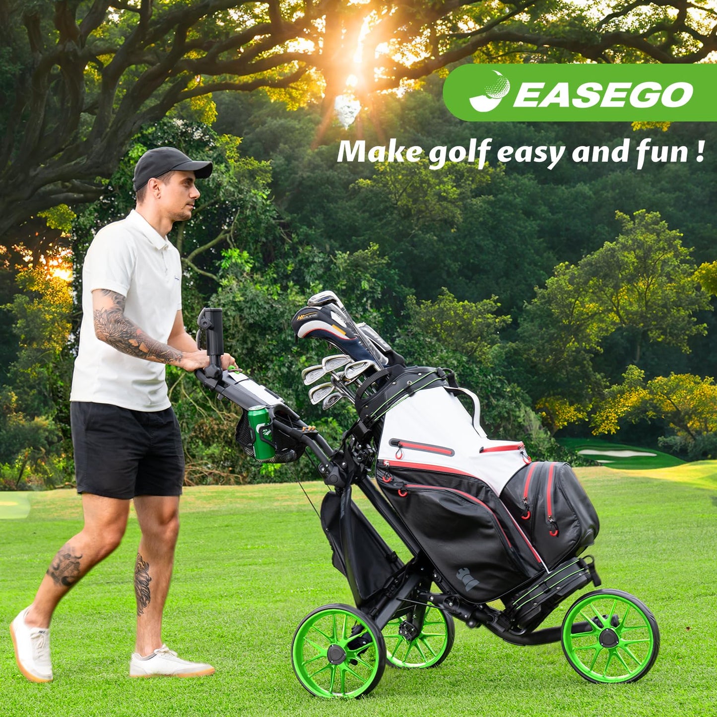 EASEGO Golf Push Cart 3 Wheel : Golf Bag Cart Foldable with Phone/Cup/Umbrella Holder Compact Golf Pull Carts Quick Fold Golf Caddy Push Carts with Large Wheelbase for Different Terrain (Lemon Green)