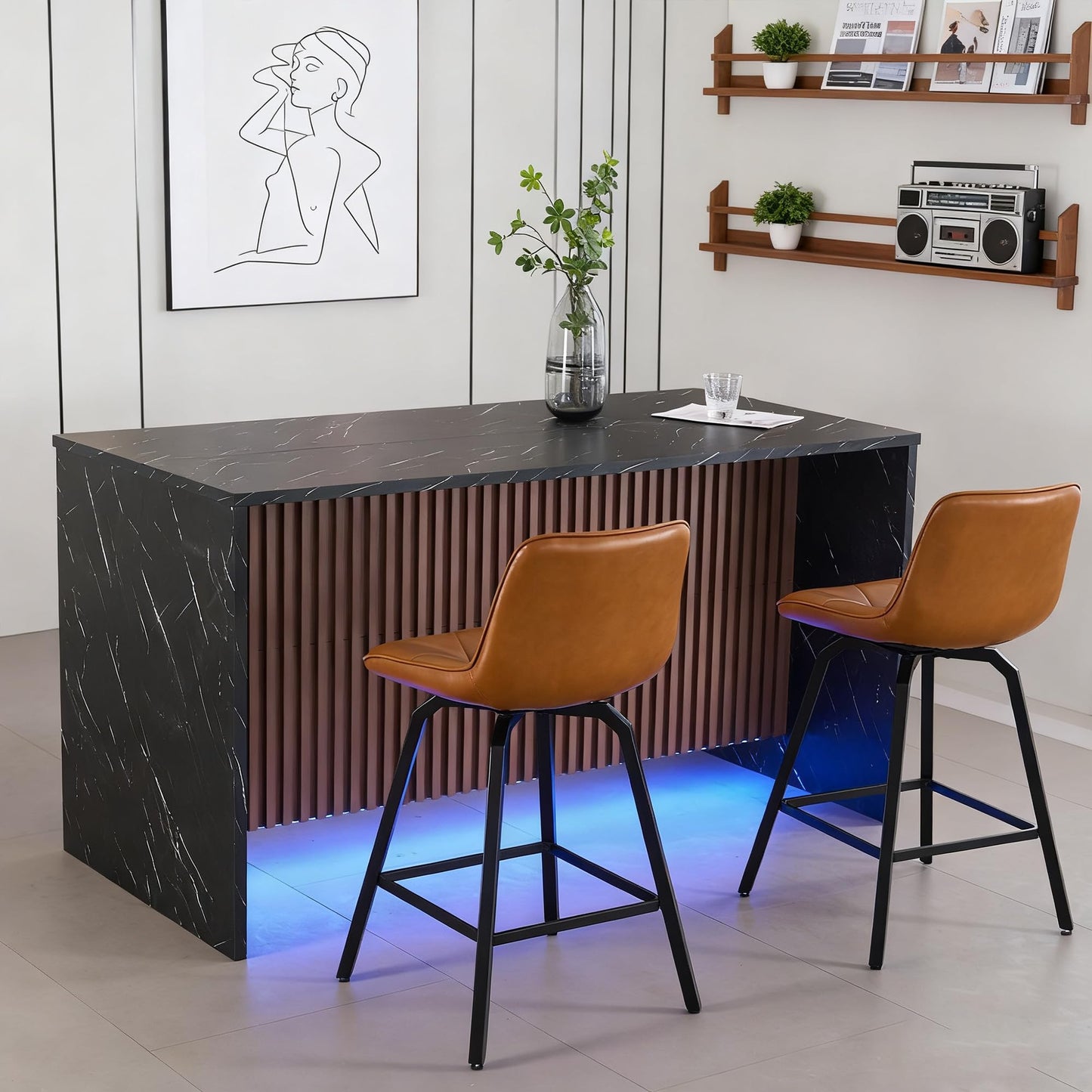 FANCROU 67 Inch Large Imitation Marble Dining Table for 4-6 People, Mordern Marble Stripes Kitchen Dining Table with Grille Design, Island Table with LED Lights for Kitchen Living Room, Black