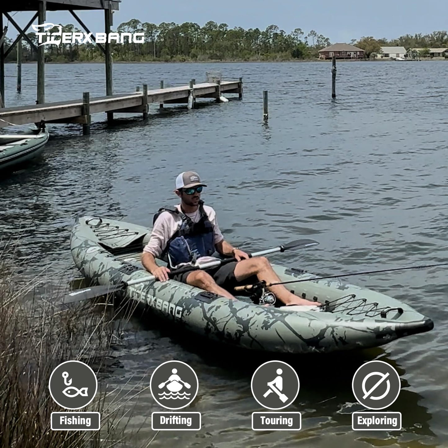 TIGERXBANG Inflatable Kayak with Detachable Seat,12.6'x40''x10.6''SUP-Kayak Set (Hand Pump/Aluminium Paddle/Backpack/and Multi-Functional Base),Adult/Kid Kayak Boat for Fishing ，Touring
