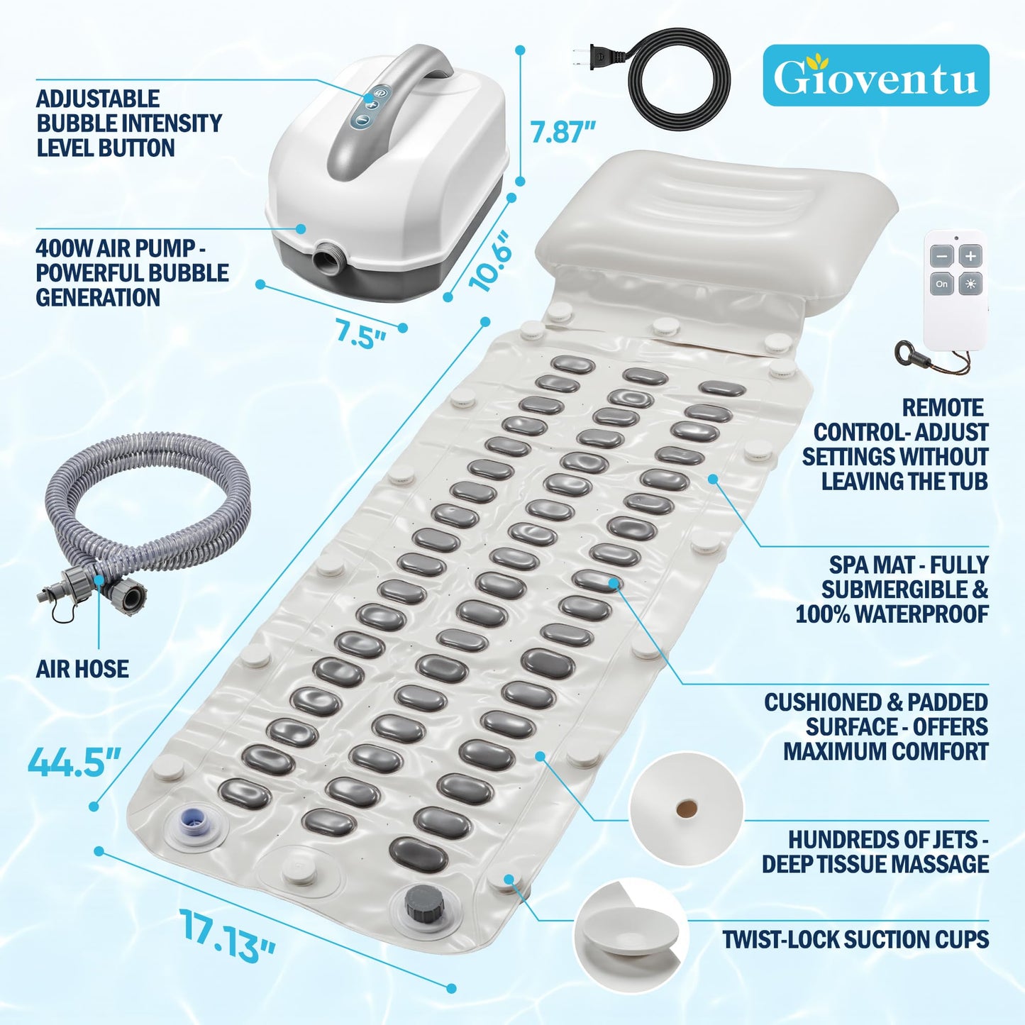 Upgraded Bathtub Spa Mat, Portable Spa Bubble Bath Massager with 6 Adjustable Settings, Upgraded Non-Slip Design and Remote Control, Hot Tub Jet Mat for Bathtub at Home, Full-Body Support