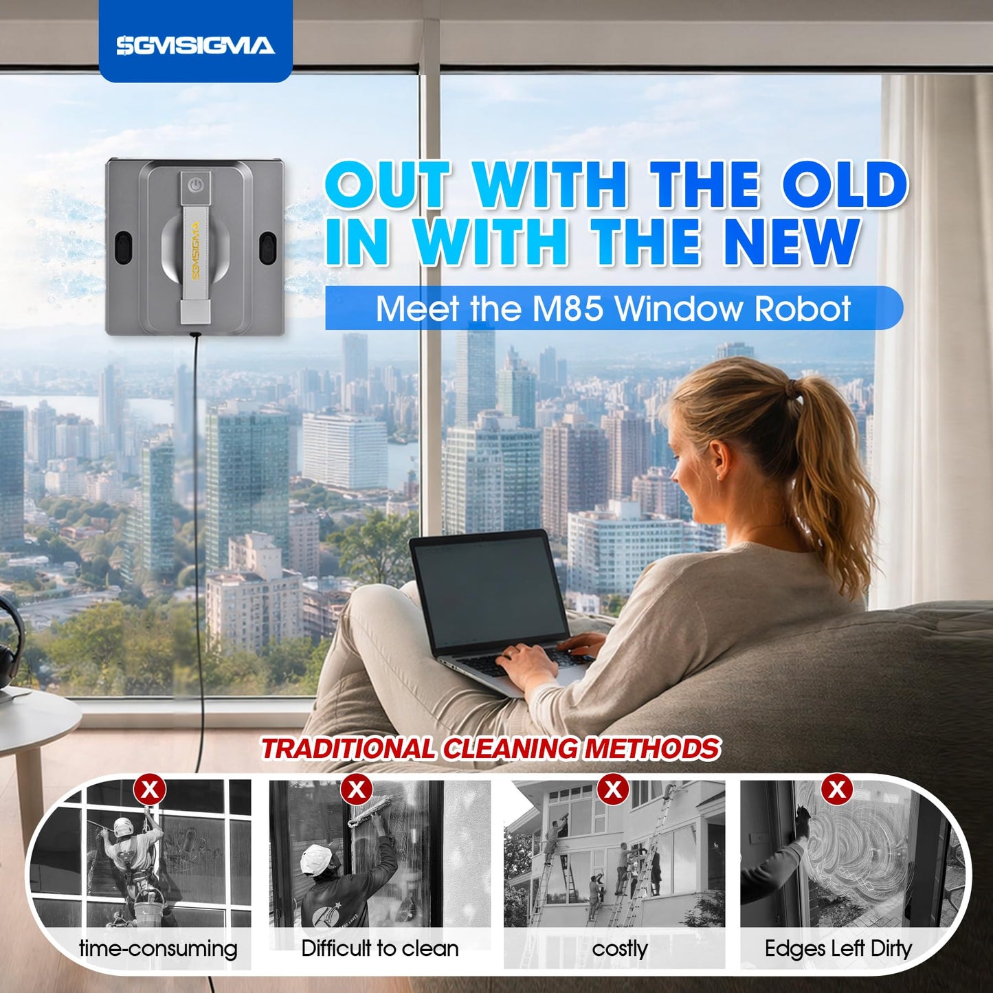 SGMSIGMA M85 Window Cleaning Robot - 6000PA Strong Suction Compact Robot, 6-Way Spray & Wet Wiping, Auto Edge Detection, 4 Cleaning Modes, Smart Path Planning, Suitable for High-Rise Glass/Tiles
