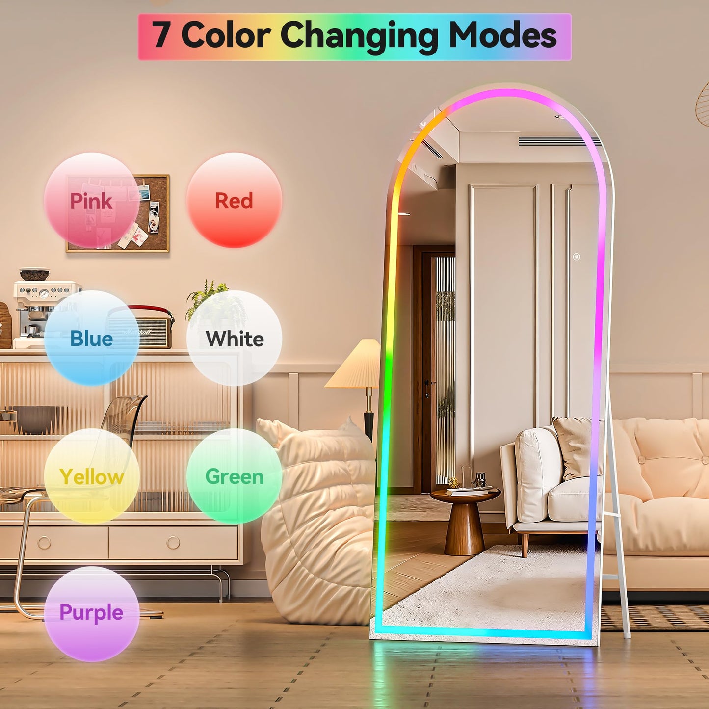 Hasipu 56" x 16" Arch LED RGB Bluetooth Full Length Mirror with Stand ＆ 7 Color Lighting Modes, Full Body Mirror with White Frame for Bedroom, Living Room, Dressing Room