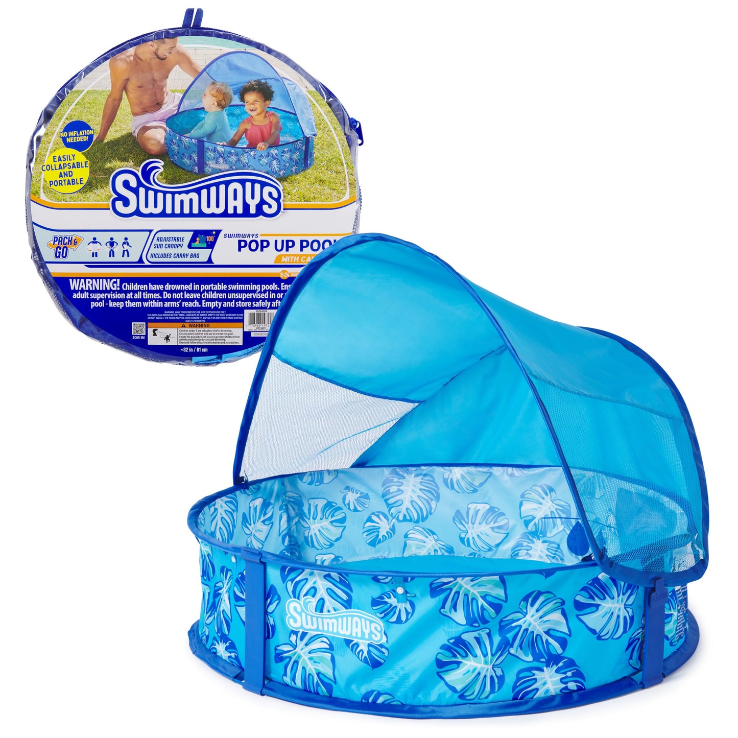 Swimways Elite Pop-Up Above Ground Pool, Baby Pool with Canopy & Carrying Case, Foldable Kiddie Pool for Ages 9-24 Months, Measures 32", Blue