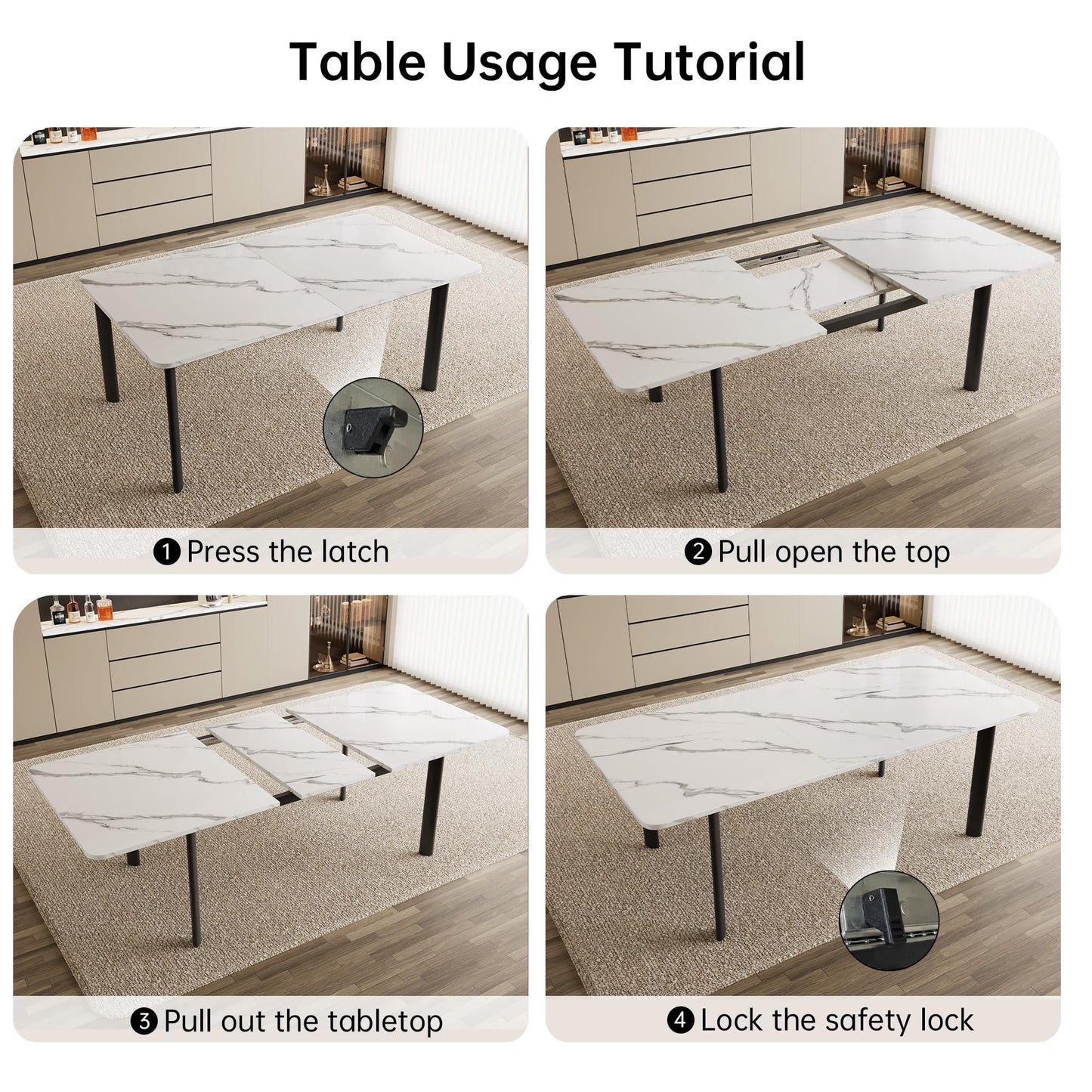 HIPIHOM Extendable Dining Table Set for 6-8 People, 63 to 78.7 Inch MDF Kitchen Table with 6 Upholstered Chairs, Space-Saving for Dining Room, Breakfast Nook(White Table & 6 White Chairs)