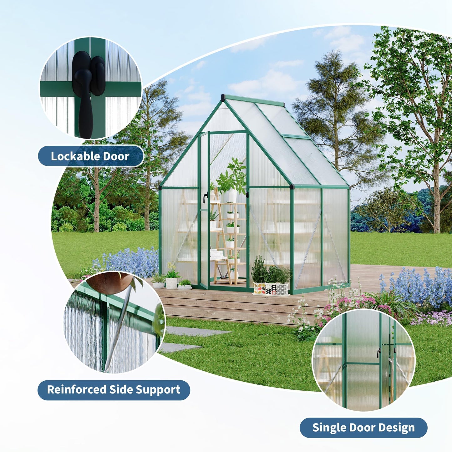 ActiveTrail Heavy Duty 6x4FT Polycarbonate Greenhouse for Outdoors – Reinforced Aluminum Frame, UV Protection, Roof Vent, Double Doors – Small Walk-in Garden Green House for All-Season Growing