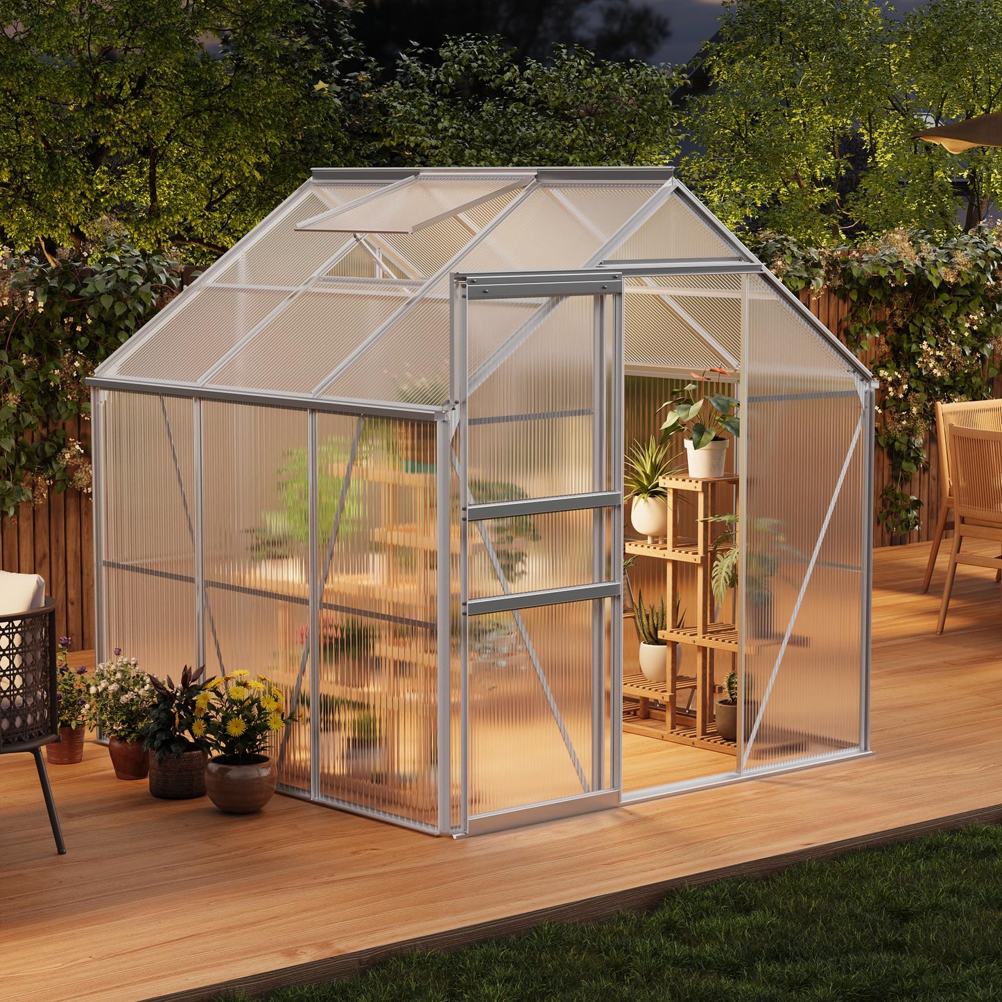 IDEALHOUSE 6 x 6FT Greenhouse for Outside, Polycarbonate Greenhouses with Aluminum Frame, Sliding Door, Adjustable Roof Vent for Backyard, Outdoor Green Houses Garden Backyard, Patio