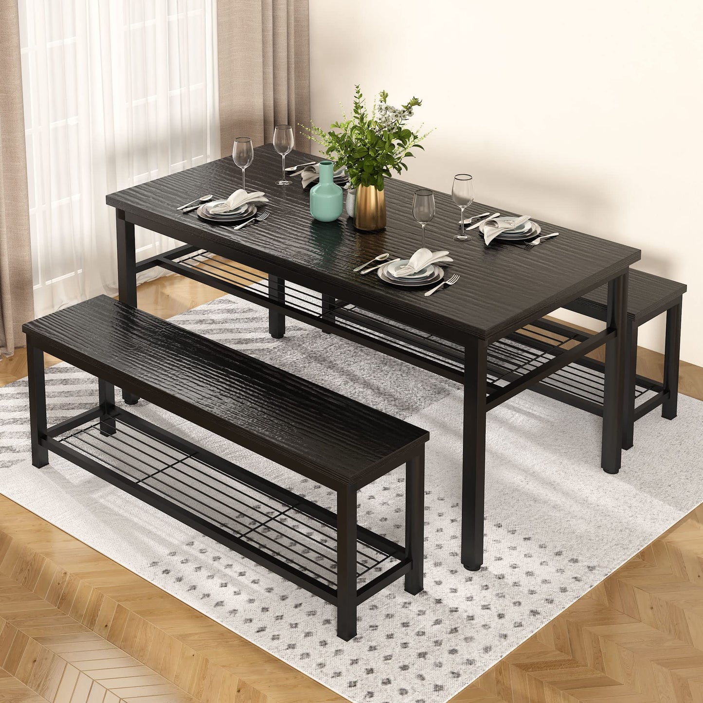 Lamerge 3-Piece Dining Table Set, Industrial Kitchen Table and Chairs Set for 4, Dining Table and 2 Benches with Storage Shelf, Dining Table Set for Dining Room Kitchen, Black