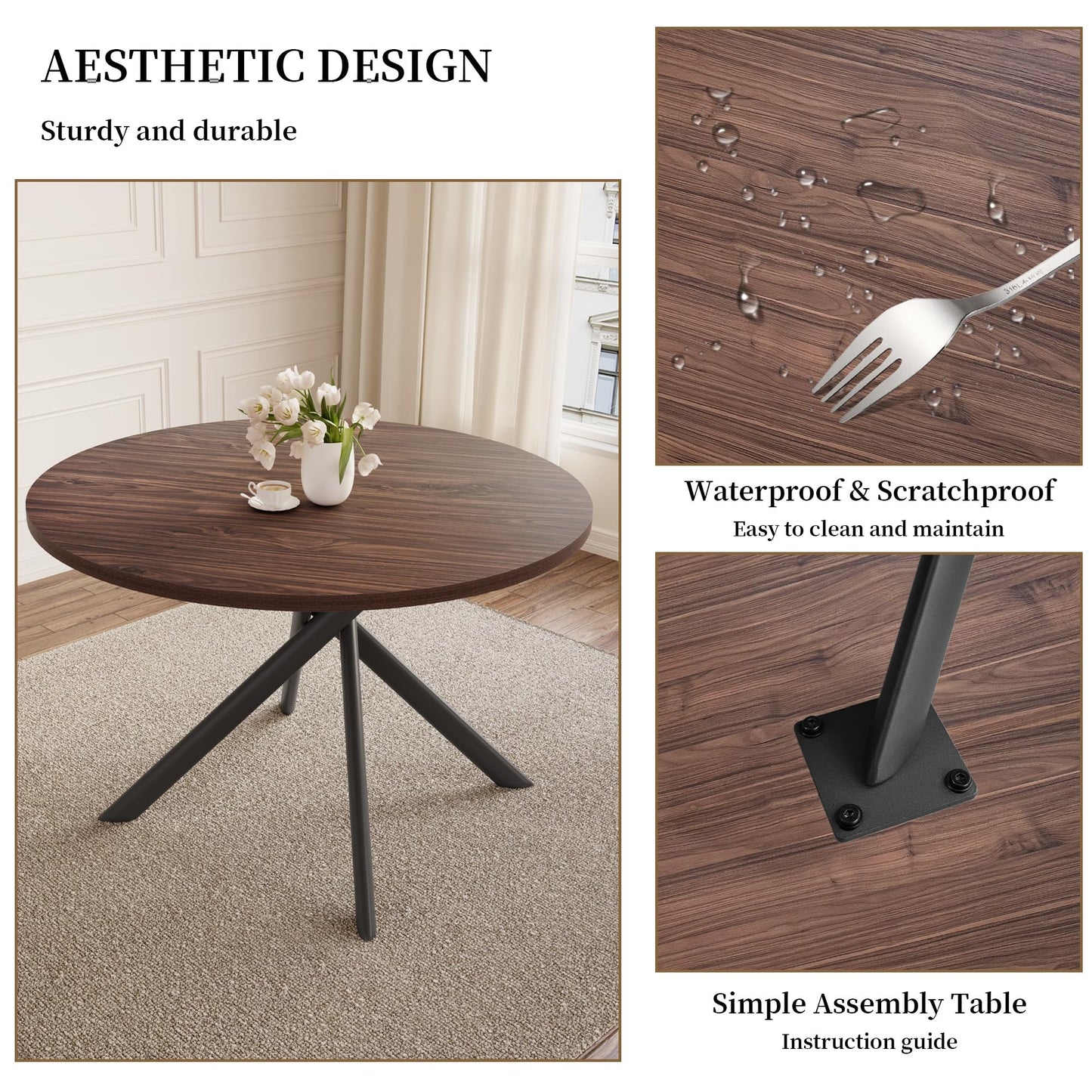 HIPIHOM 45.3'' Walnut Round Dining Table Set for 4, Mid Century Modern Small Coffee Set for Dining Room Kitchen Apartment (Dark Walnut Table + 4 Black Chairs)