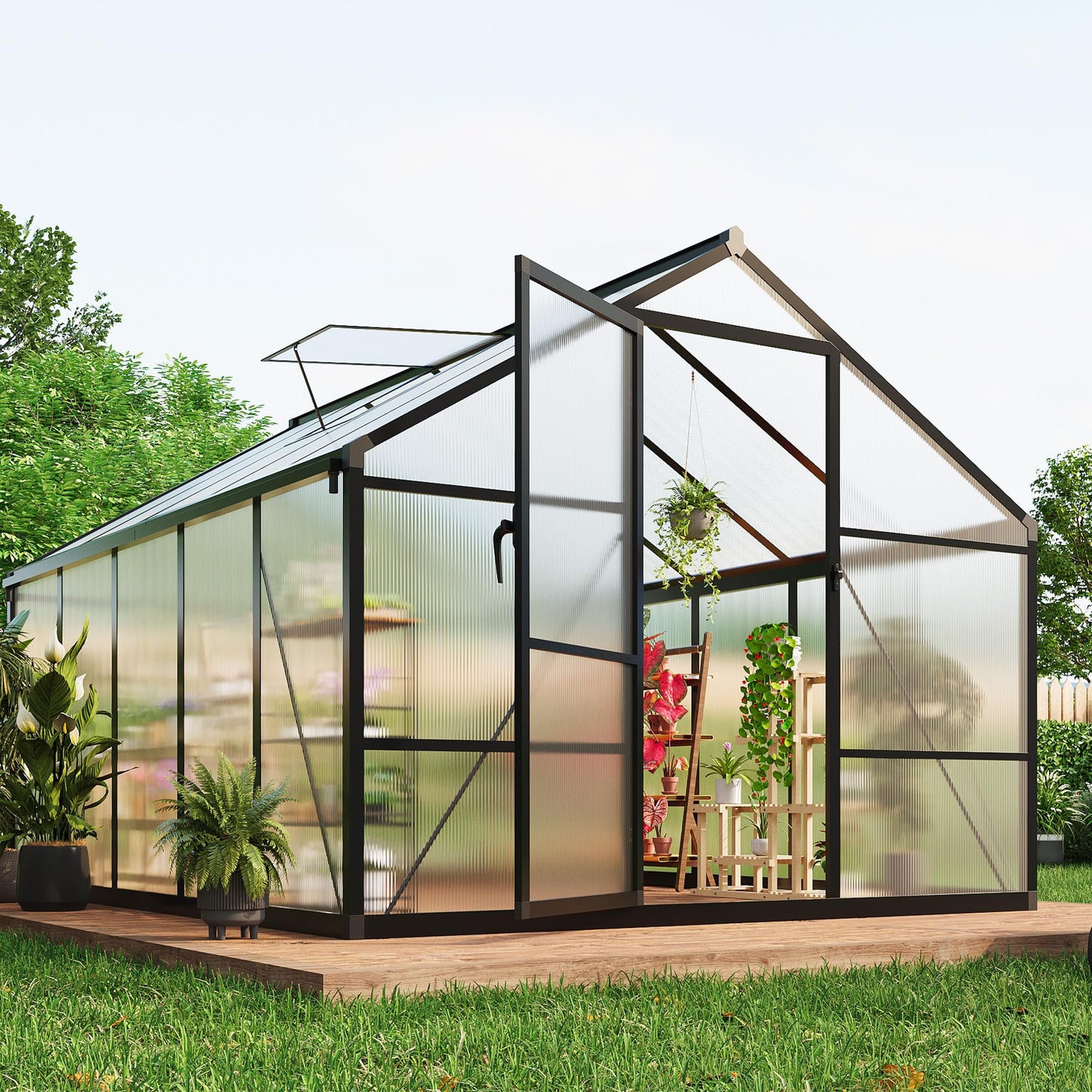 8X10 FT Outdoor Polycarbonate Greenhouse, Sturdy Aluminum Frame, Adjustable Roof Vent, Ideal for Backyard, Patio, or Garden, All-Weather Green House for Growing Plants and Vegetables