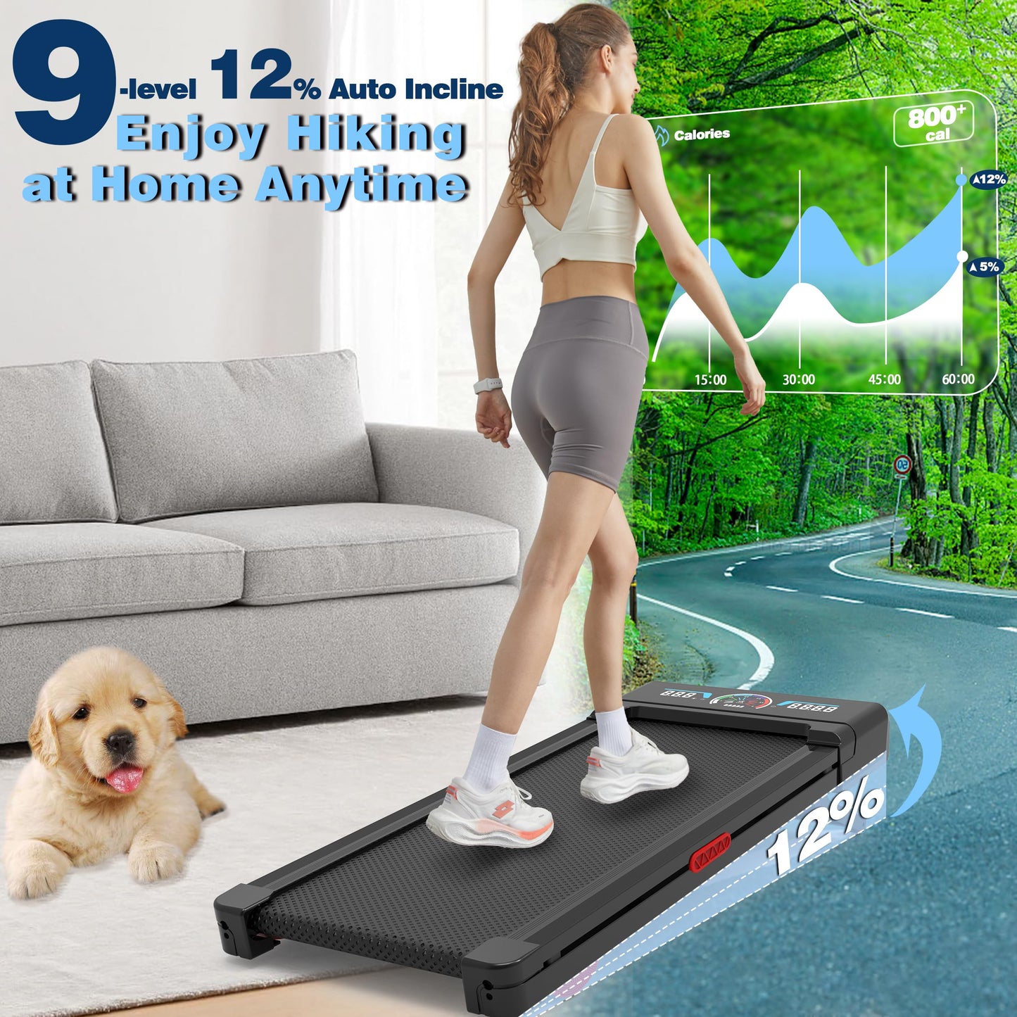 TRAILVIBER Walking Pad Treadmill with 12% 9-Level Auto Incline, 450 lbs Capacity RGB LED Screen, Bluetooth Speaker Under Desk Treadmill, Compact Treadmills for Home Hiking, Black