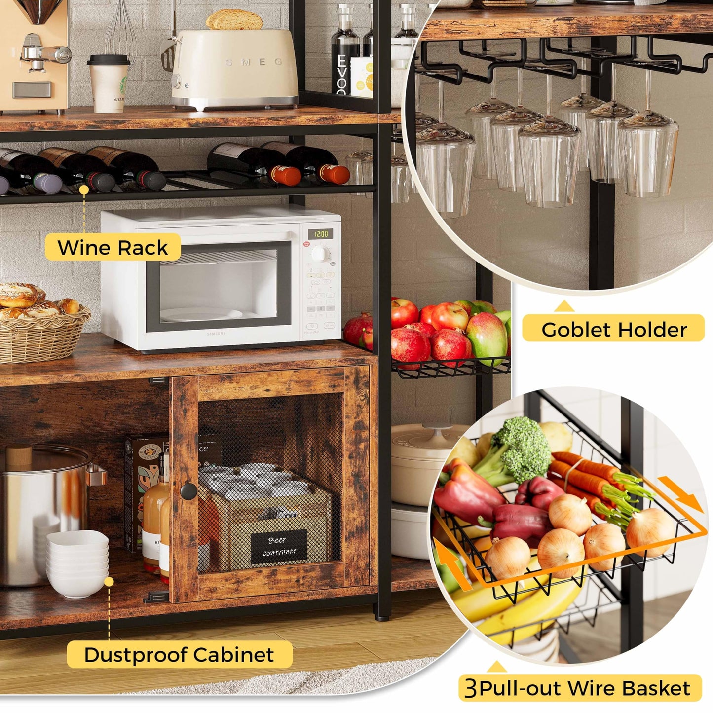 IRONCK Bakers Rack with Power Outlet & Storage, 45.5" W Coffee Bar Cabinet with Wine Rack & Pegboard, Industrial Microwave Stand with 10 Hooks & 3 Wire Basket, Kitchen Shelves, Rustic Brown