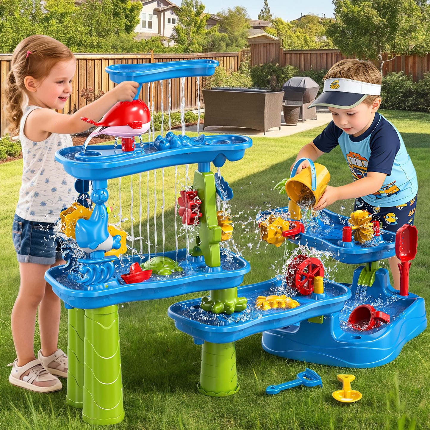 Sand and Water Table for Toddlers 18M+, 5-Tier Outdoor Toys and Play Activity Set for Kids Boys Girls Toddlers Ages 3 4 5 6 7 8 Years, Kids Sand Water Play Table Summer Beach & Pool Toys for Yard