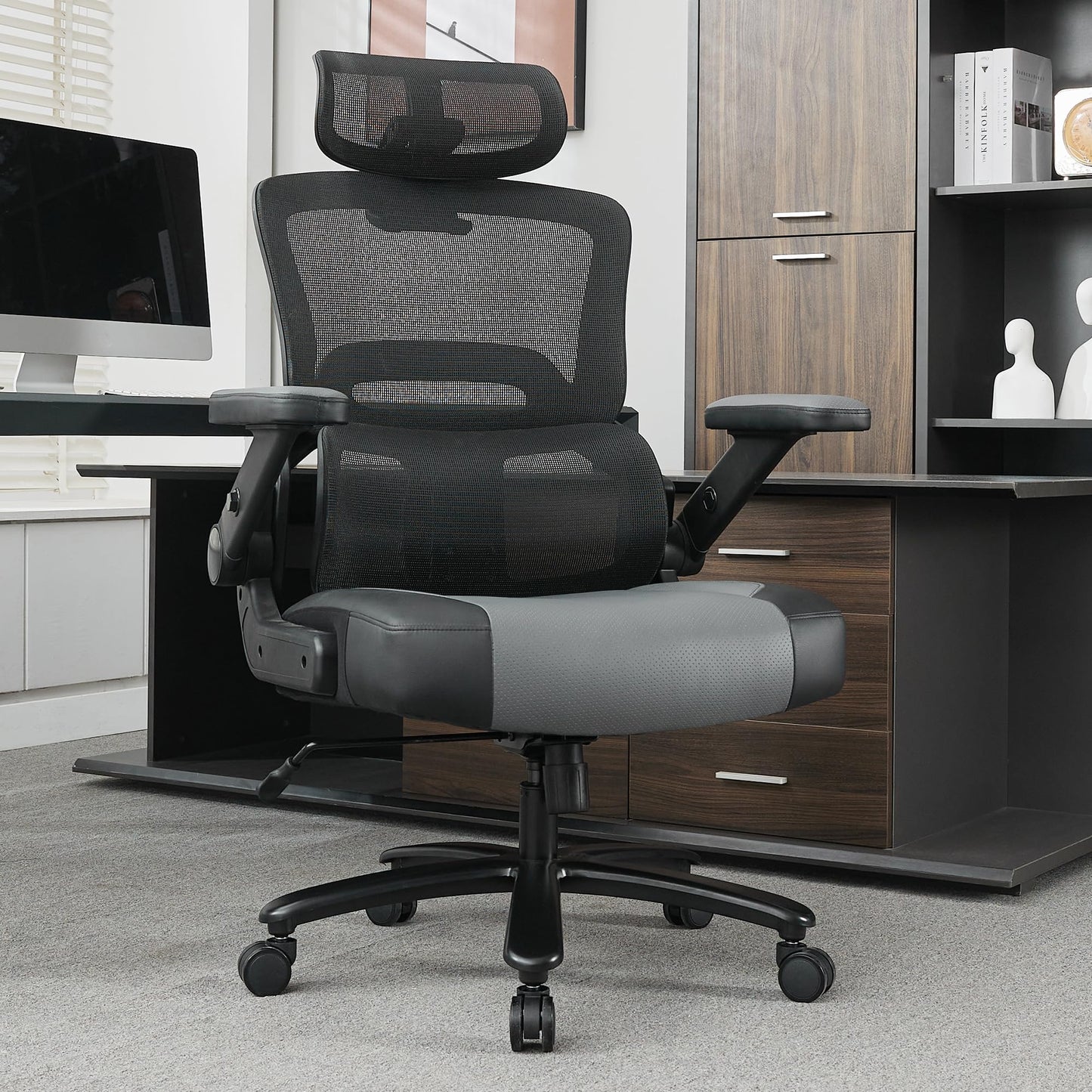 BOWTHY 500lbs Big and Tall Office Chair,Large Heavy Duty Executive Computer Chair with 5D Flip Arms,Ergonomic Mesh High Back Desk Chair with Adjustable Lumbar Support 3D Headrest,Thick Spring Cushion