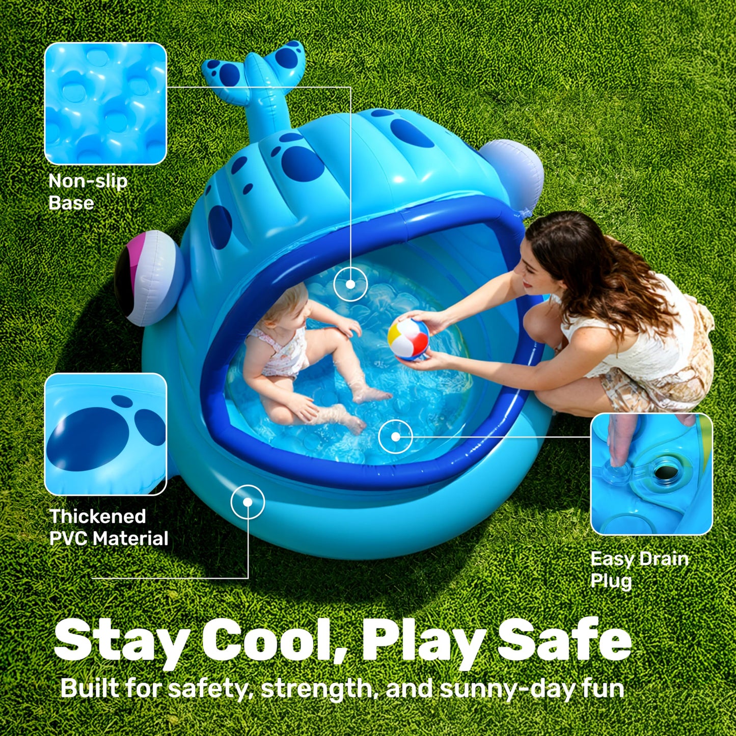 JOYIN Inflatable Shade Kiddie Pool,Whale Baby Pool Tent, Infant Swimming Pool for Kids （54" x 56" x 28"）,Blow Up Toddler Pool for Swim Party Toys Summer Water Beach Fun