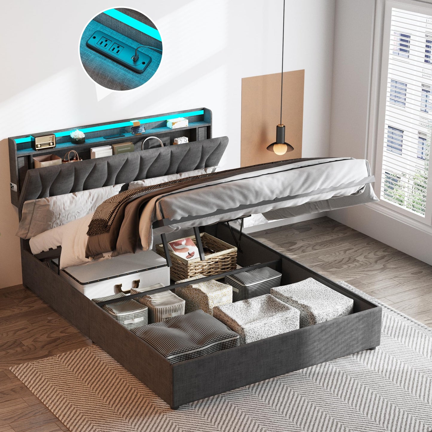 Fameill Full Size Lift Up Storage Bed Frame, Height Adjustable Storage Headboard with Charging Station, LED Lights Upholstered Platform Bed, Wooden Slat, No Box Spring Needed, Noise-Free, Dark Grey