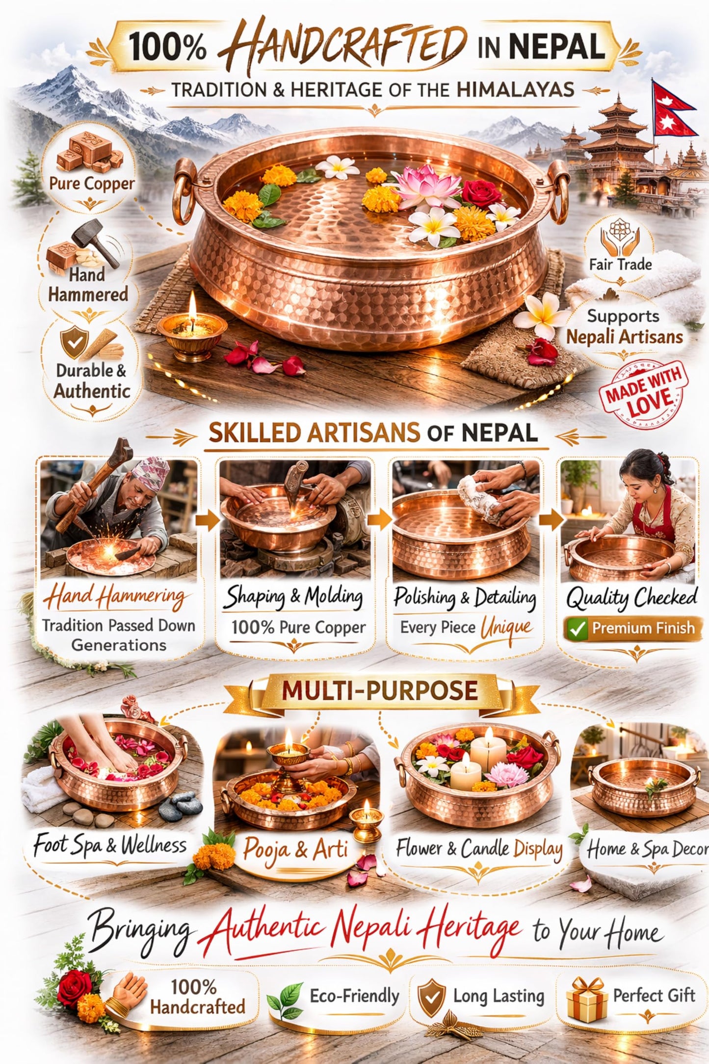 Pure Copper Khadkulo 11"-12” Foot Soak Bowl – Hand Hammered Nepali Foot Spa Basin for Pedicure & Relaxation – Compact Size for Small to Medium Feet – Decorative Flower & Candle Display