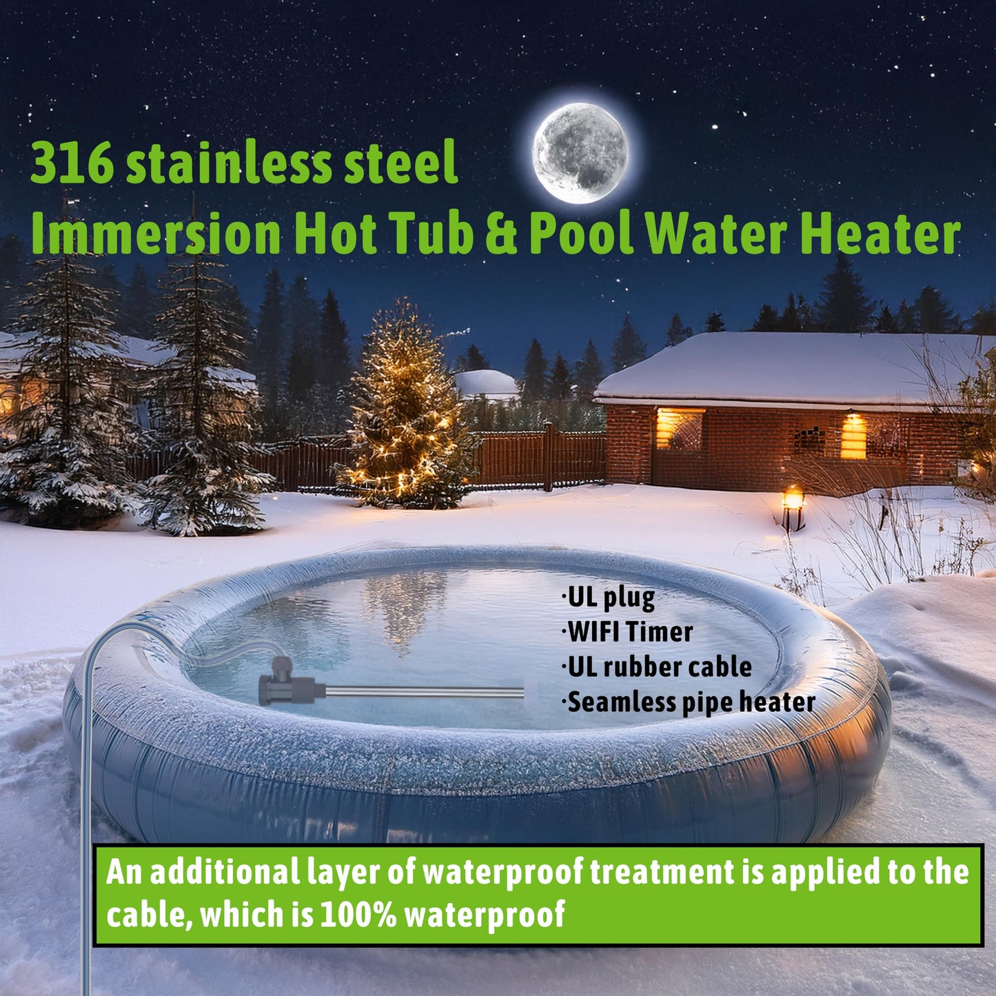LINGLONGTEMP 2000W Submersible Immersion Water Heater for Hot Tub & Pool – Portable Electric Heater with Temp Control & WiFi Timer for Above Ground Pool, Inflatable Pool, Sap, Bathtub, & Baptism Pool