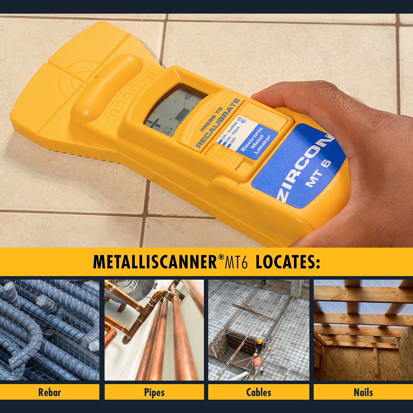 Zircon MetalliScanner MT6 Professional Metal Detector – Deep-Scanning Handheld Metal Locator for Ferrous and Non-Ferrous Metals – Detects Pipes, Rebar, and Studs in Walls, Floors, and Concrete, Yellow