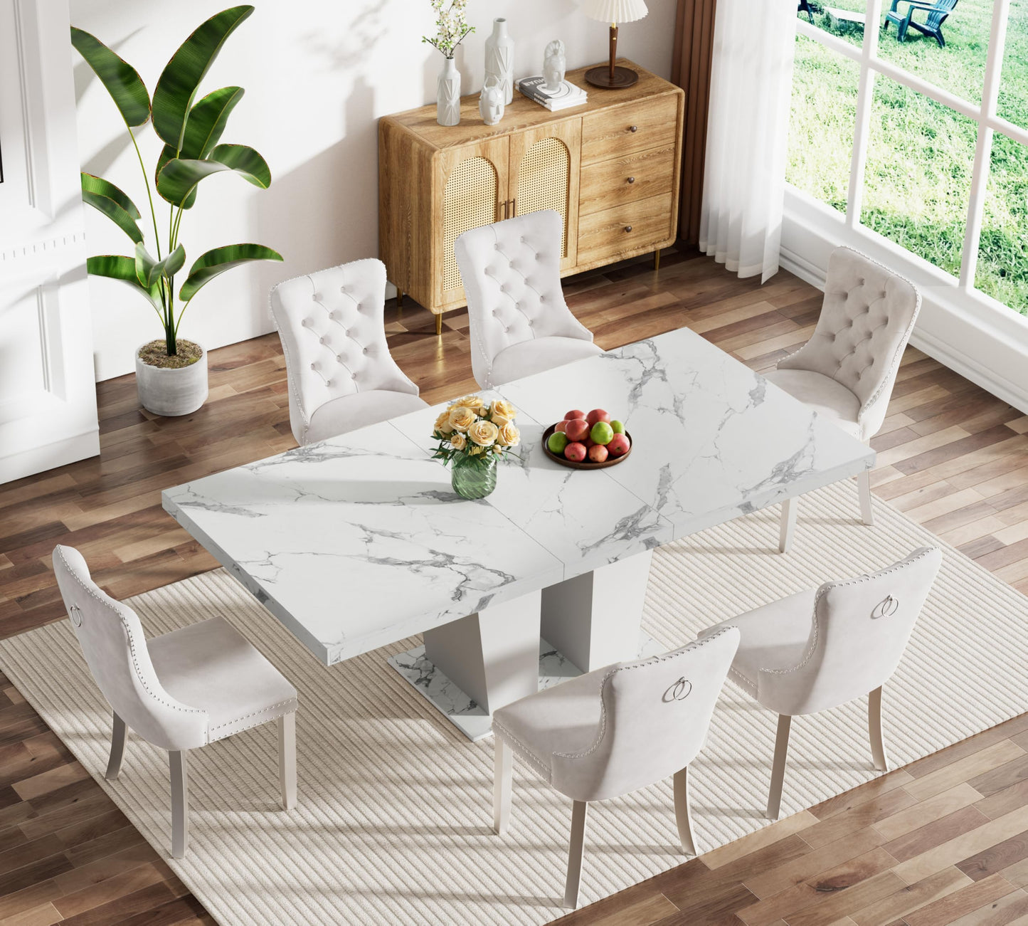HomVent White Faux Marble Expandable Dining Table Set for 6, 63"-79" Extendable Dining Room Table Set with Velvet Nailhead Trim Chairs, Kitchen Table Chairs Set for Living Room