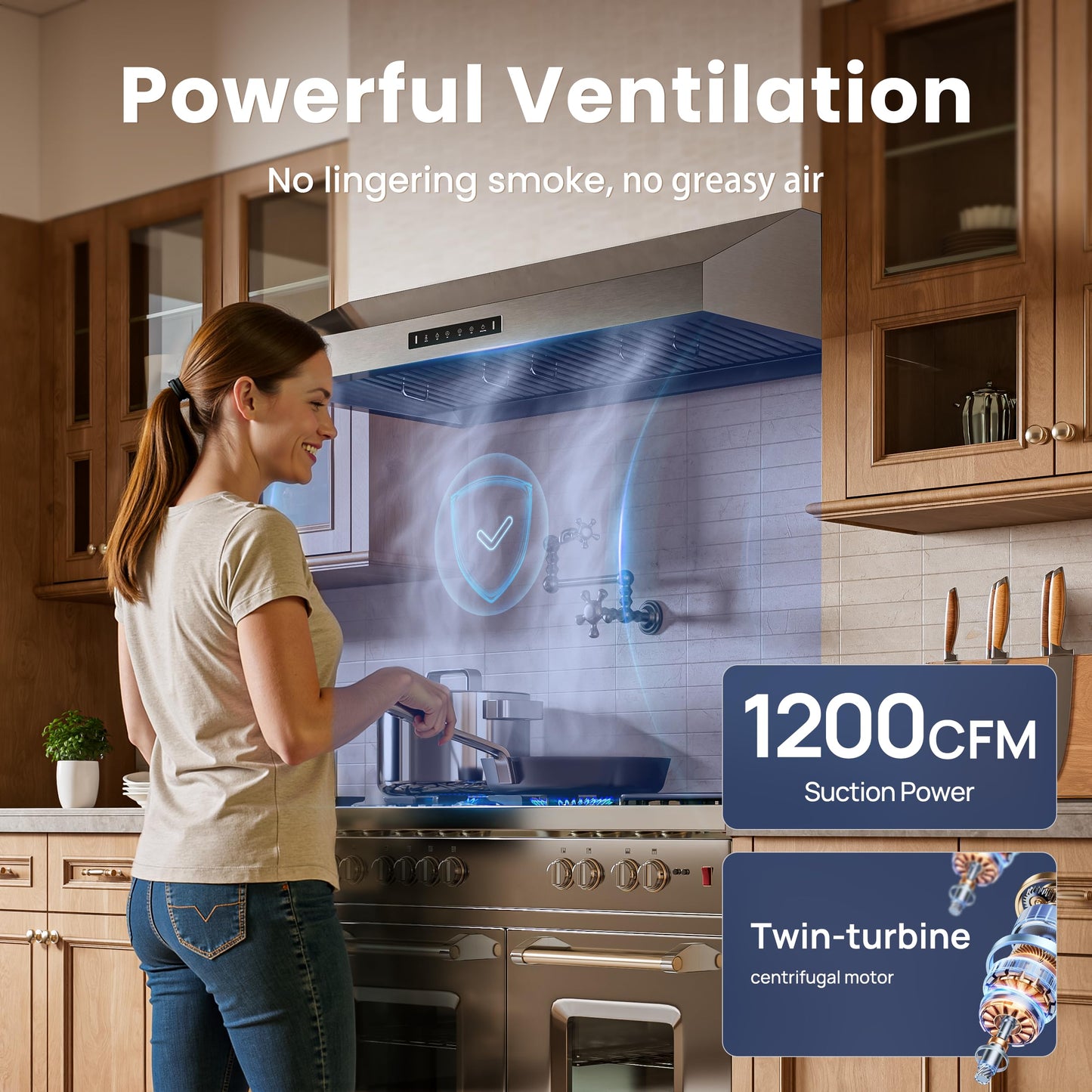 VIKIO HOME 30 inch Range Hood Stainless Steel(PVD), Black Stove Hood with 1200 CFM with 1.5 Sones Quiet,3 Speed Exhaust Fan Hood Vents for Kitchen,Under Cabinet Range Hood with GU10 LED Lights