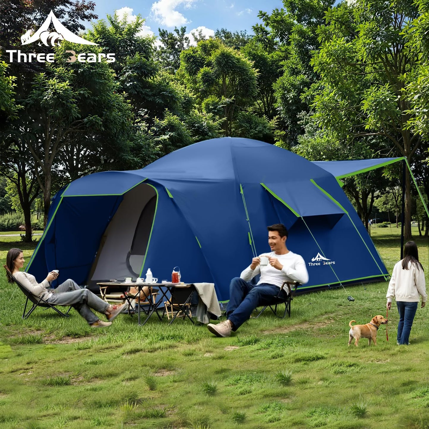 Three Bears Outdoor 6 Person Camping Tent - Waterproof Windproof Double Layer Design - Family and Car Camping - with Carry Bag and Storage Pouch - 76 Inches High (Dark Blue)