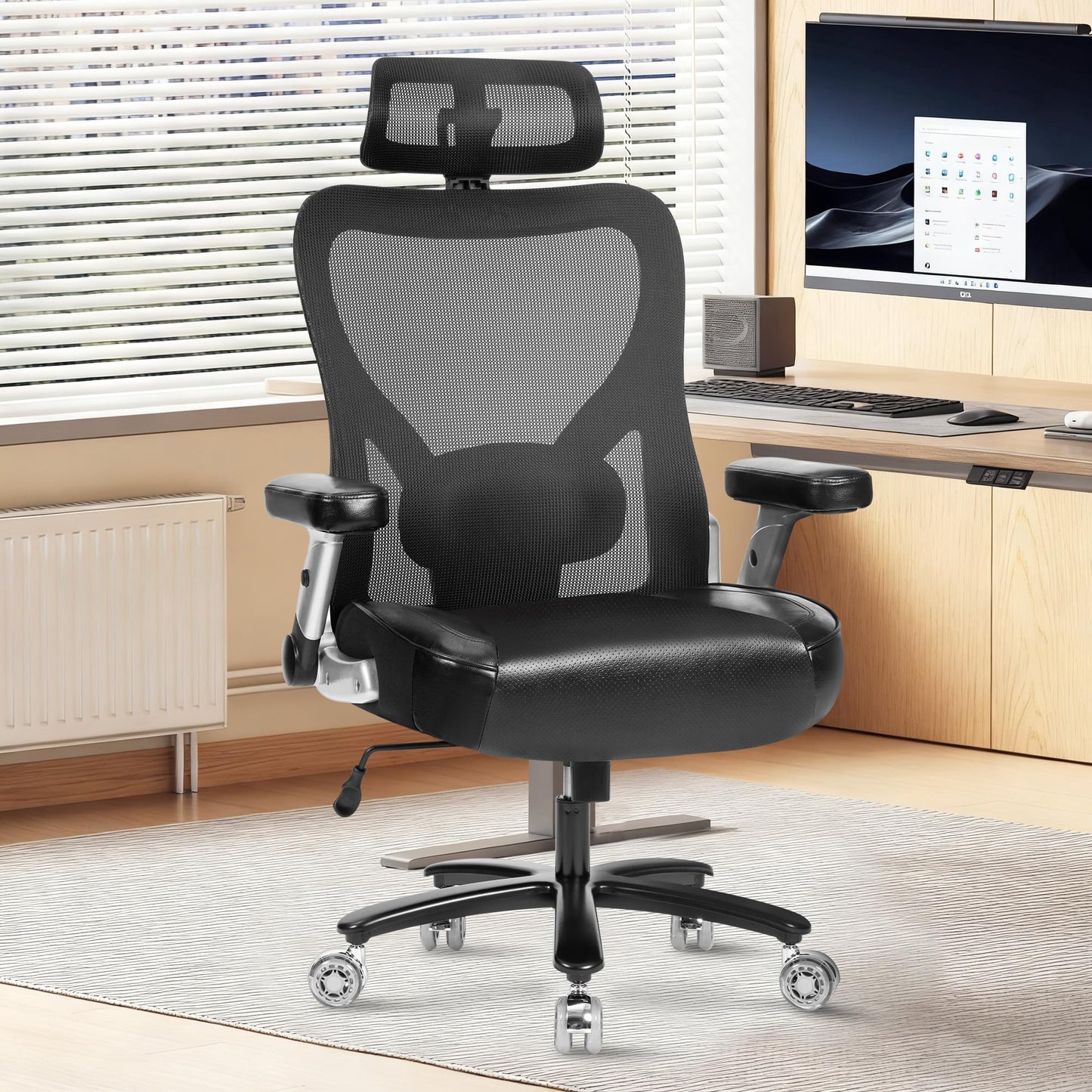 Big and Tall Office Chair 700lbs- Heavy Duty Executive Computer Chair with Rubber Wheels 3D Flip Arms, Ergonomic Mesh High Back Desk Chair, Extra Wide Seat Adjustable Lumbar Support & Headrest