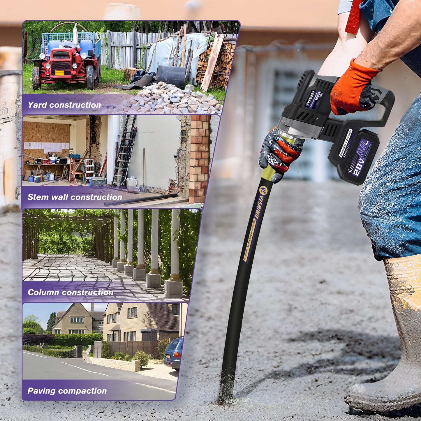 VISHIGH Cordless Concete Vibarating Tool 5Ah 21V, with 5ft Φ35mm Shaft, Portable Wireless Concrete Vibrator Motor for Home Garden Small Construction Pouring Work Stem Walls