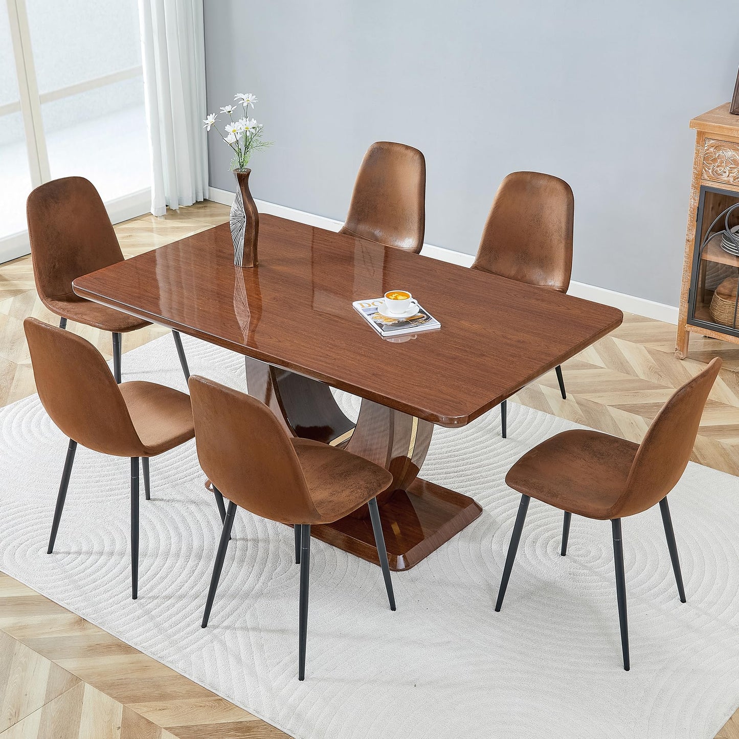 JUFU Modern Dining Table Set for 6, 63'' Kitchen Table Set with Faux Marble Tabletop and 4 PU Leather Upholstered 0501 Brown Chairs, Dinner Table Set for 6, Ideal for Dining Room and Kitchen