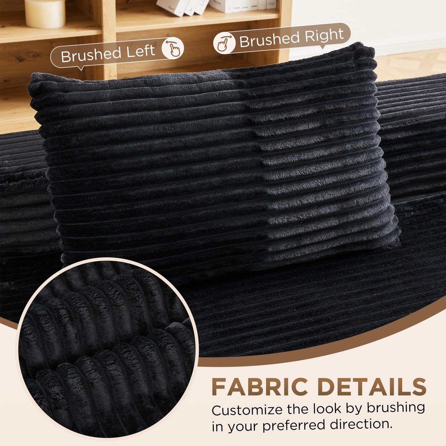 Fahomiss Modular Compressed Sectional Sofa Set – Velvet Corduroy Upholstery, Convertible Couch with Cup Holders and Pillows for Living Room, Black