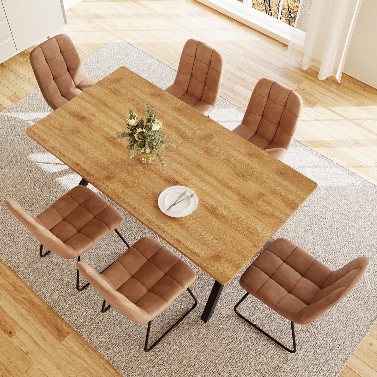 HIPIHOM 7-Piece Dining Table Set for 6 People, 63" MDF Kitchen Table with 6 Upholstered Chairs, Metal Legs for Dining Room, Kitchen(Oak Table+6 U-Shaped Brown Chairs)