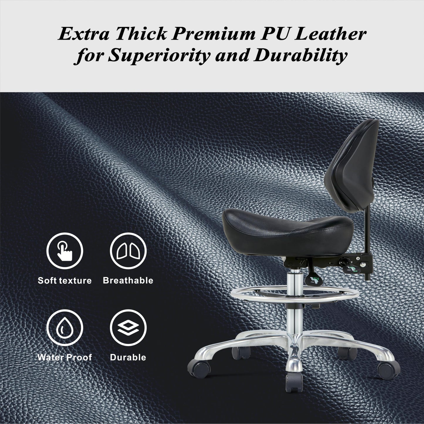 Saddle Chair Rolling Saddle Stool with Back Support, Esthetician Chair Ergonomic Saddle Chair for Dental Hygienist, Medical, Salon (with Back, Black)