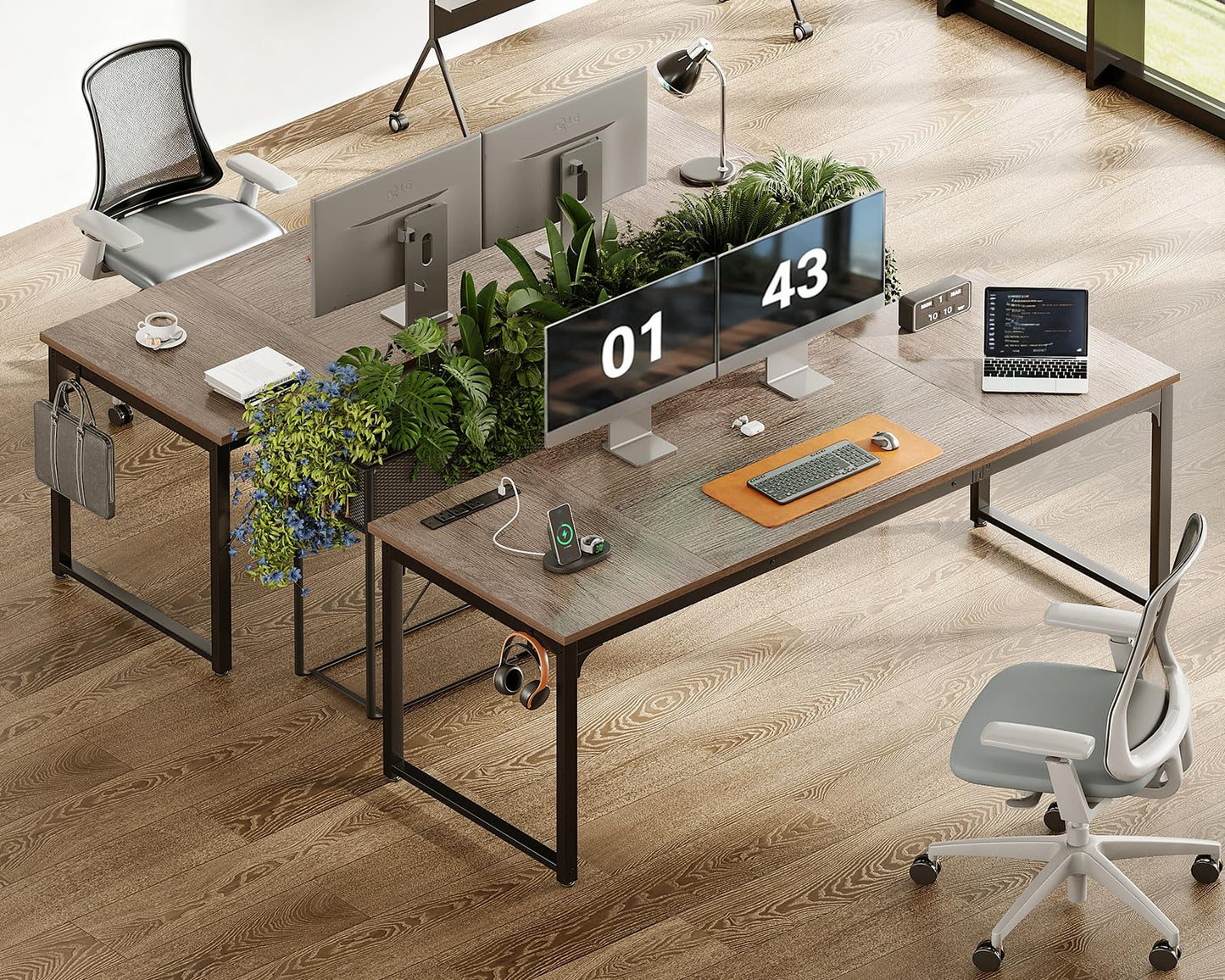 Coleshome 71 x 24 Inch Computer Desk with USB Ports, Large Office Desk, Long Study Student Writing Desk, Grey Oak