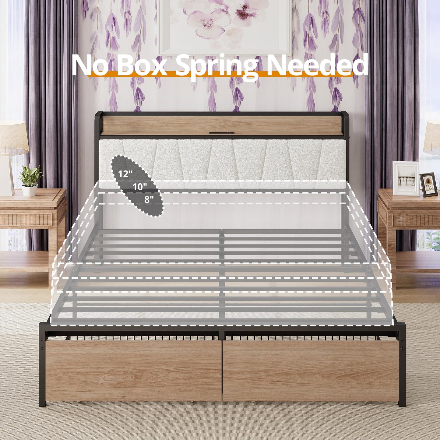 LIKIMIO Queen Size Bed Frame, Storage Headboard with Charging Station, Platform Bed with Drawers, No Box Spring Needed, Easy Assembly, Wood and Cream