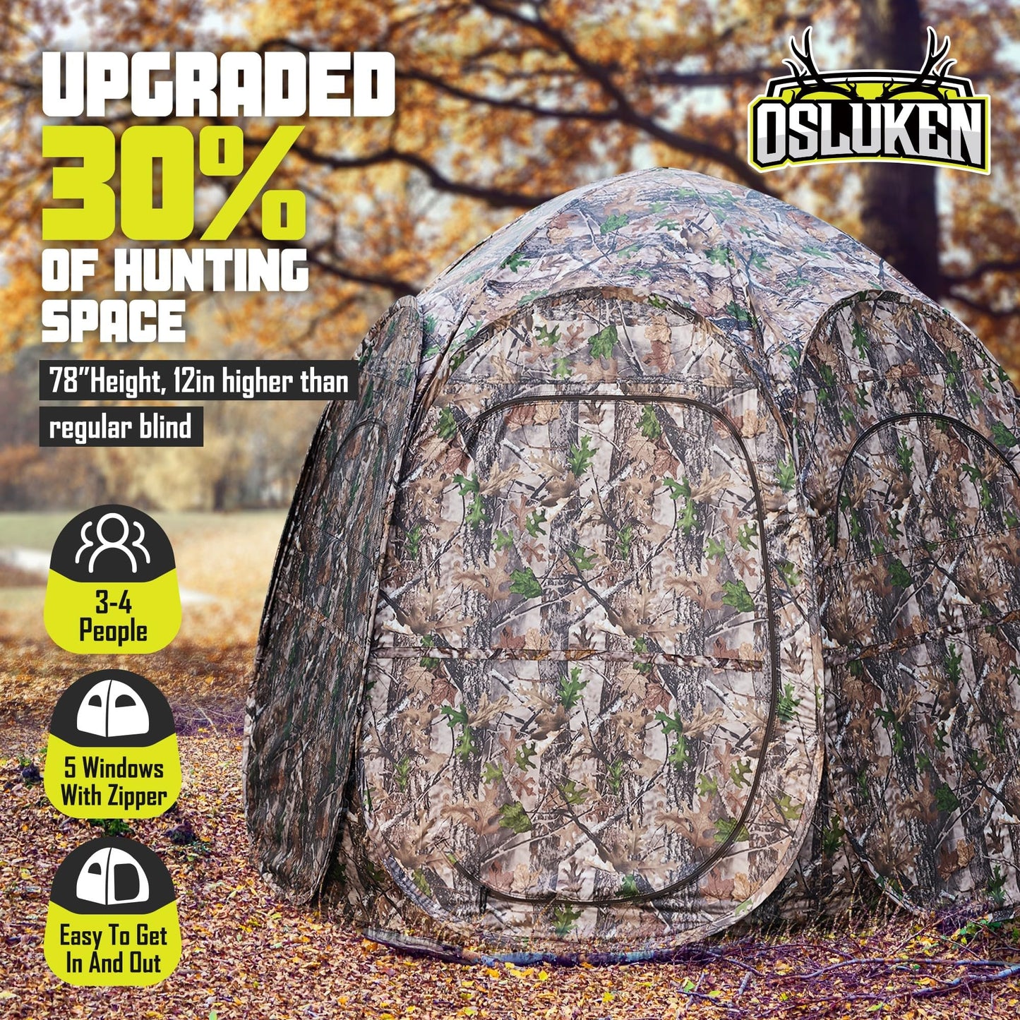 𝟮𝟬𝟮𝟰 𝐔𝐩𝐠𝐫𝐚𝐝𝐞𝐝 See Through Hunting Blind Ground, 3-4 Person Ground Blinds for Deer Hunting, 6-Sided Larger Pop Up Blinds, Camo Tent for Hunting Turkey with Carry Bag 84" x 74" x 78"H