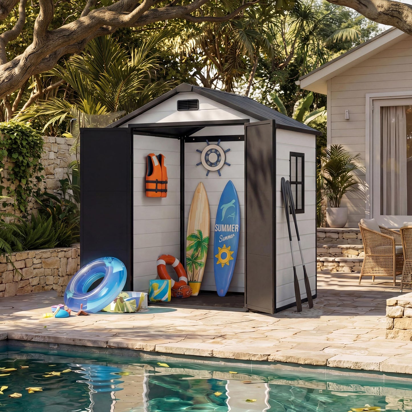 6x4 FT Outdoor Storage Shed with Floor, Plastic Resin Garden Shed with Window & Sloping Roof & Lockable Door for Patio Backyard Garden, Lawn Mower, Bike, Tool Storage
