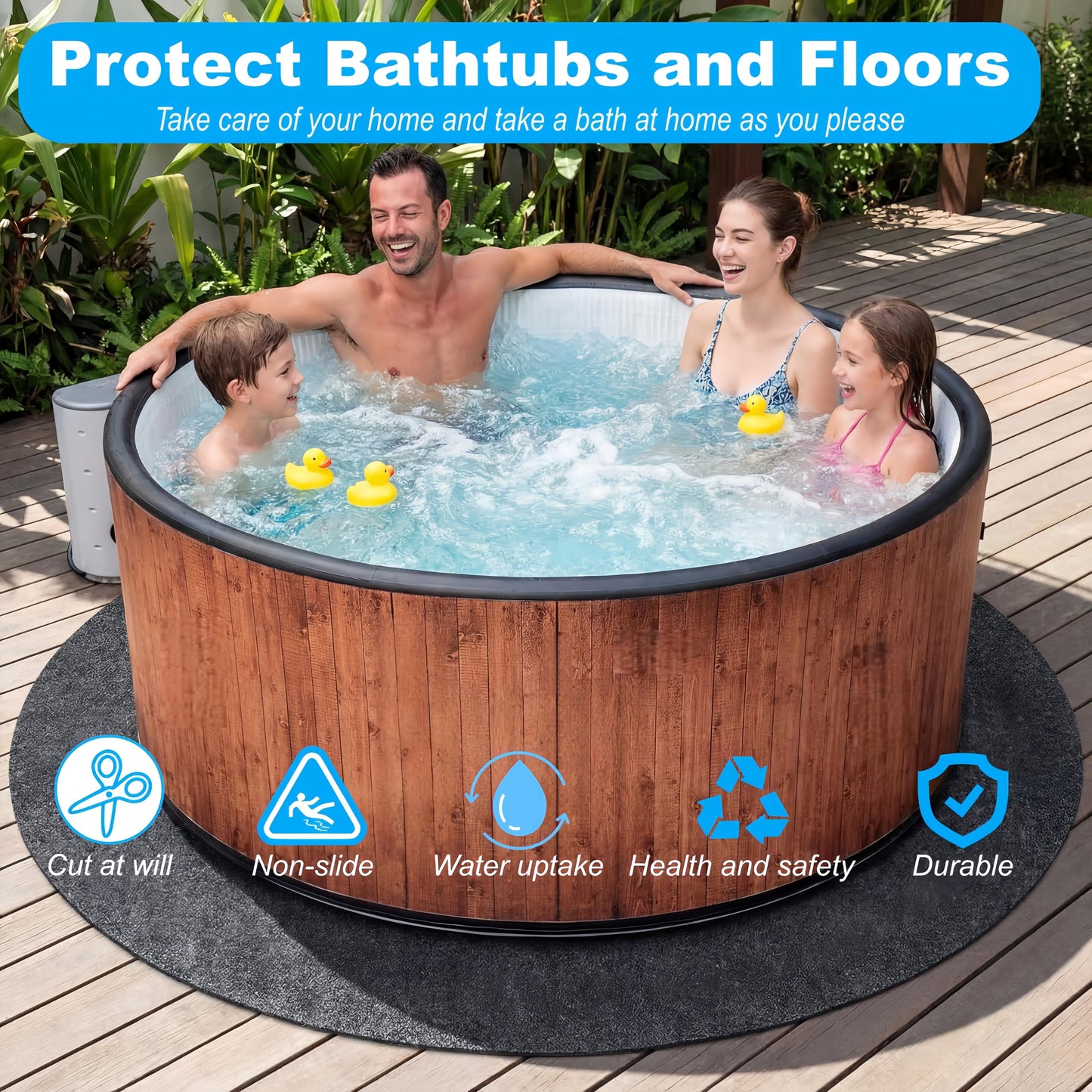 Upgraded 80 * 80inch Square Hot Tub Mat, Extra Large Inflatable Hot Tub Pad Outdoor Indoor, Waterproof Slip-Proof Backing, Absorbent Spa Pool Ground Base Flooring Protector Mat