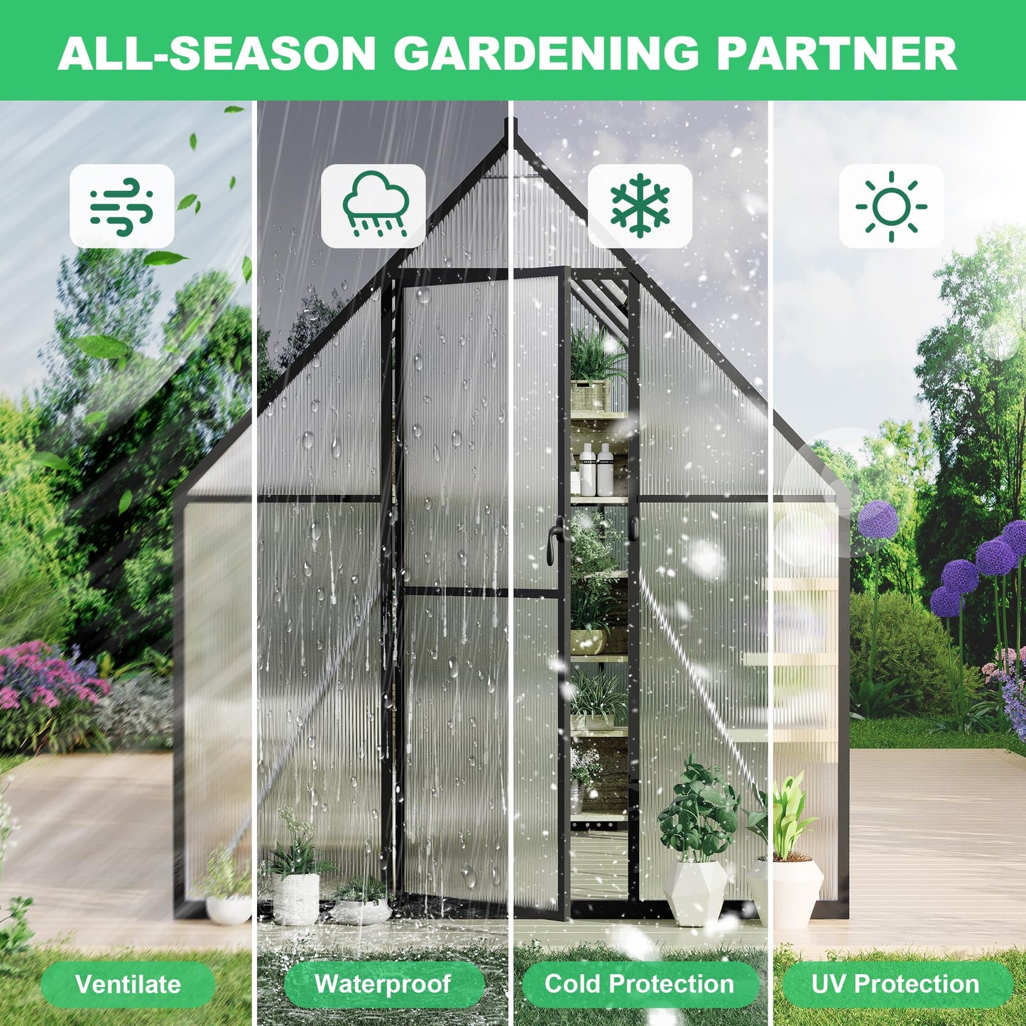 Aluminum Polycarbonate Greenhouse for Outdoors, Large Walk-InGreenhouse With Quick Setup Structure and Roof Vent, Greenhouse With Ventilation