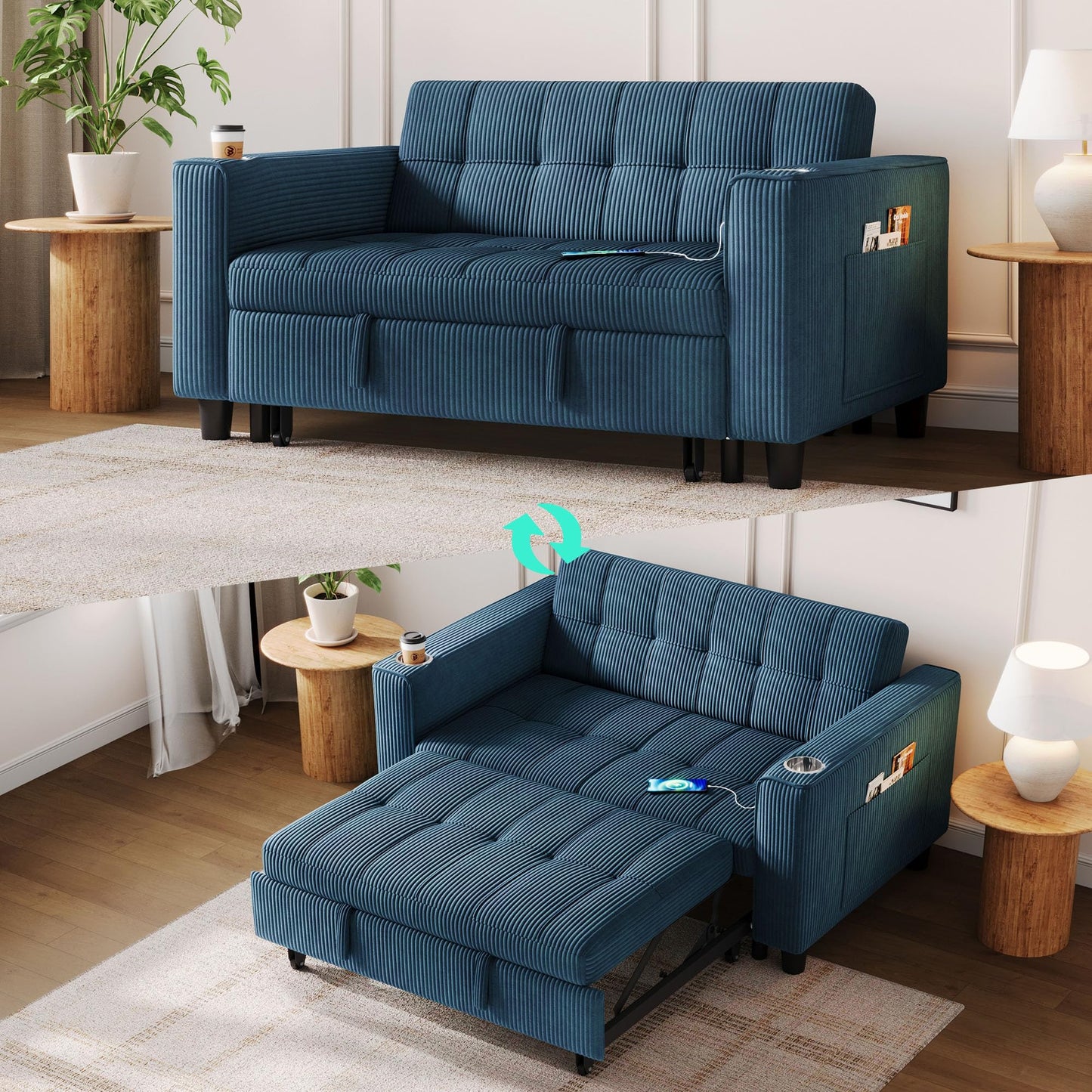 LINSY Sleeper Sofa Bed, 54" Pull Out Couch with Charging Station & Cup Holder, Small 3 in 1 Convertible Loveseat Sleeper Couch for Apartment, Dorm Room, Bedroom and Small Space, Corduroy Blue
