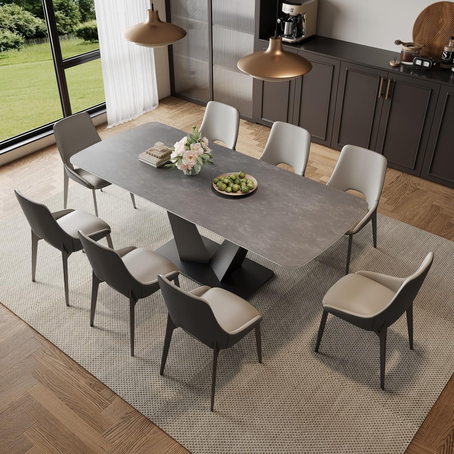 LCBANDIANMA Extendable Dining Table for 4-8, Modern Rectangle Dining Table with Sintered Stone Top and V-Shape Carbon Steel Pedestal, 62.3 "to 78.7" for Dining Room（1TABLE